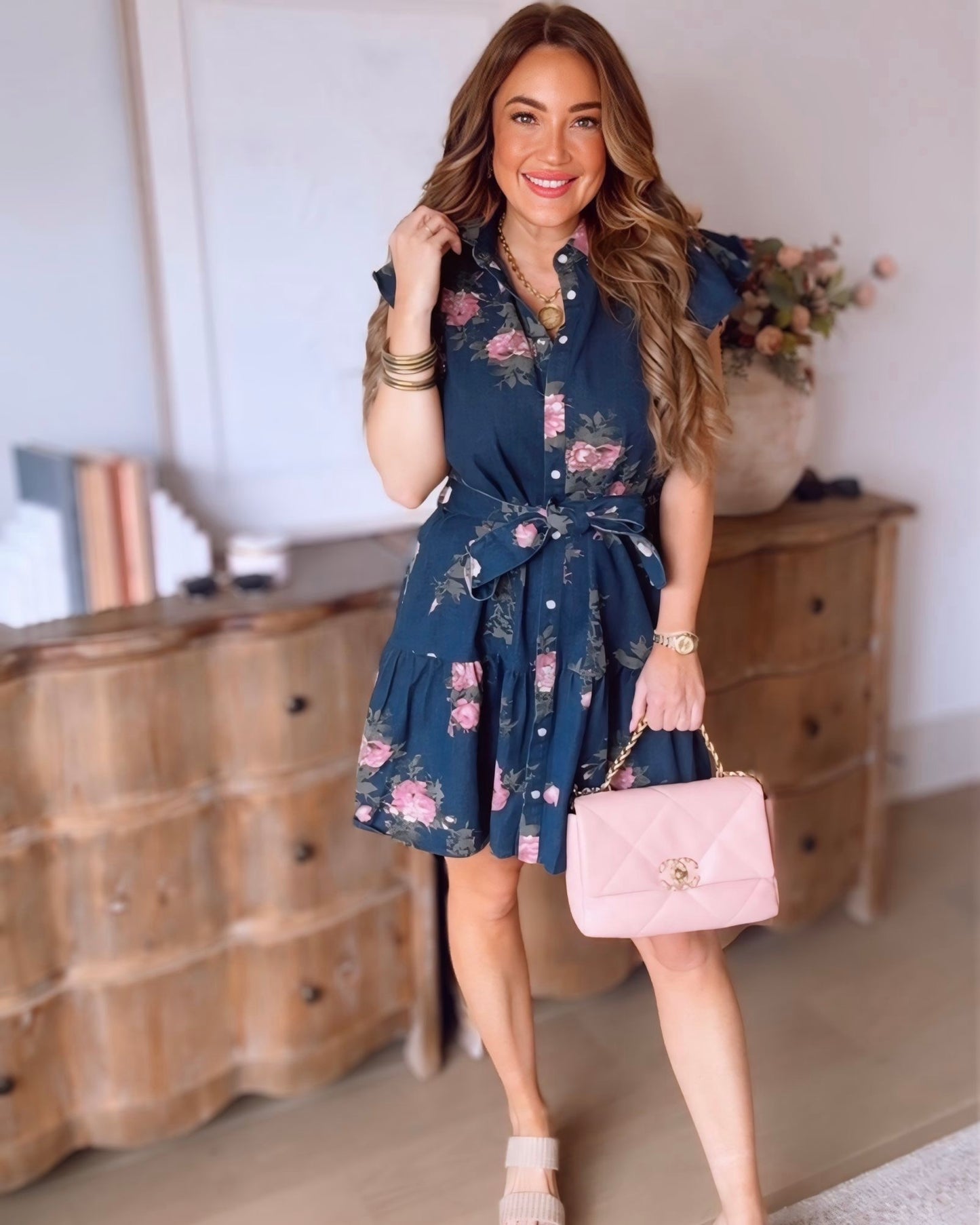 Mira Floral Flutter Sleeve Denim Dress- 2 Colors