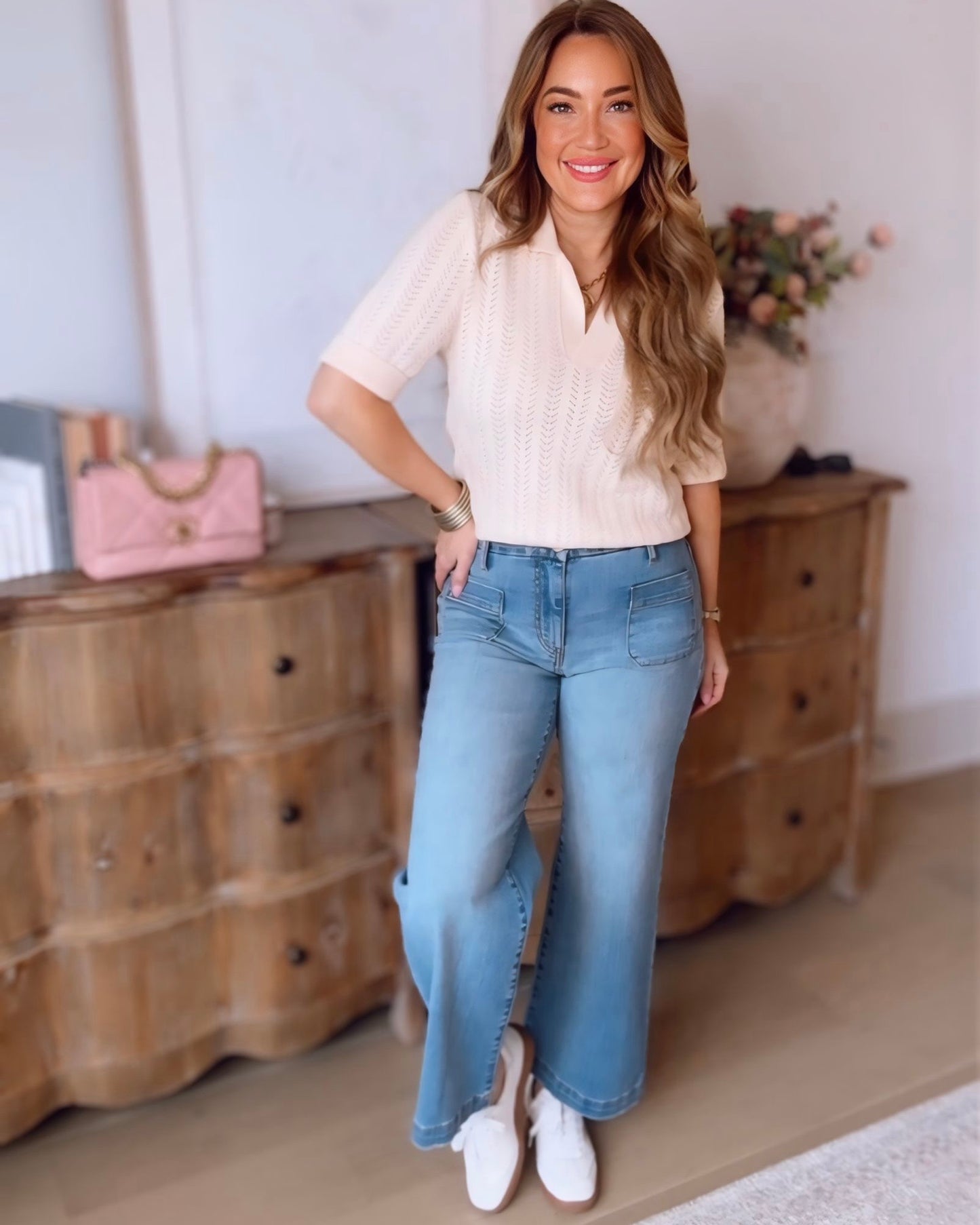 Tatum Pointelle Polo Knit Top