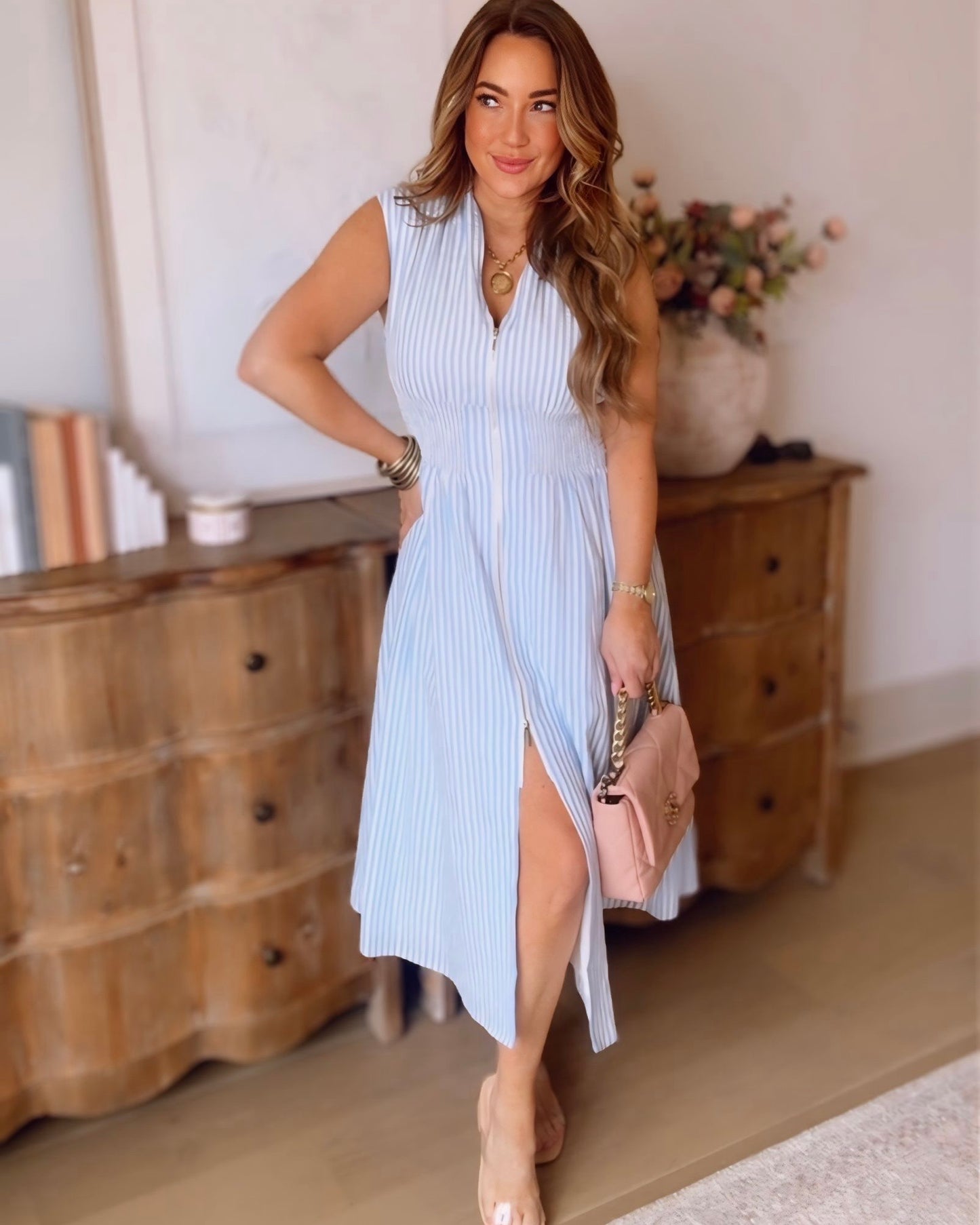 zip up midi dress Bennett Striped Zip-Up Midi Dress
