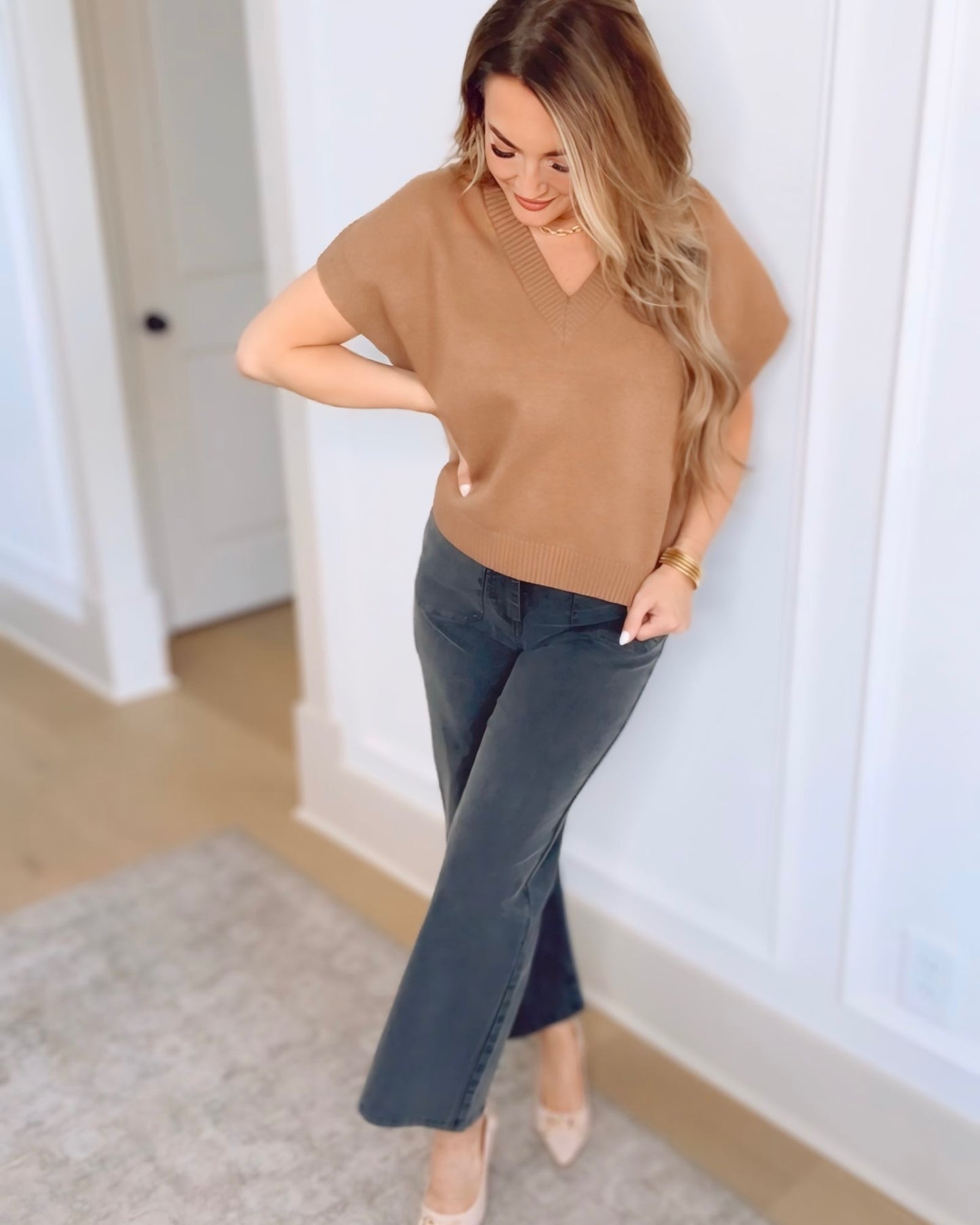 Andi V-Neck Cap Sleeve Sweater Top