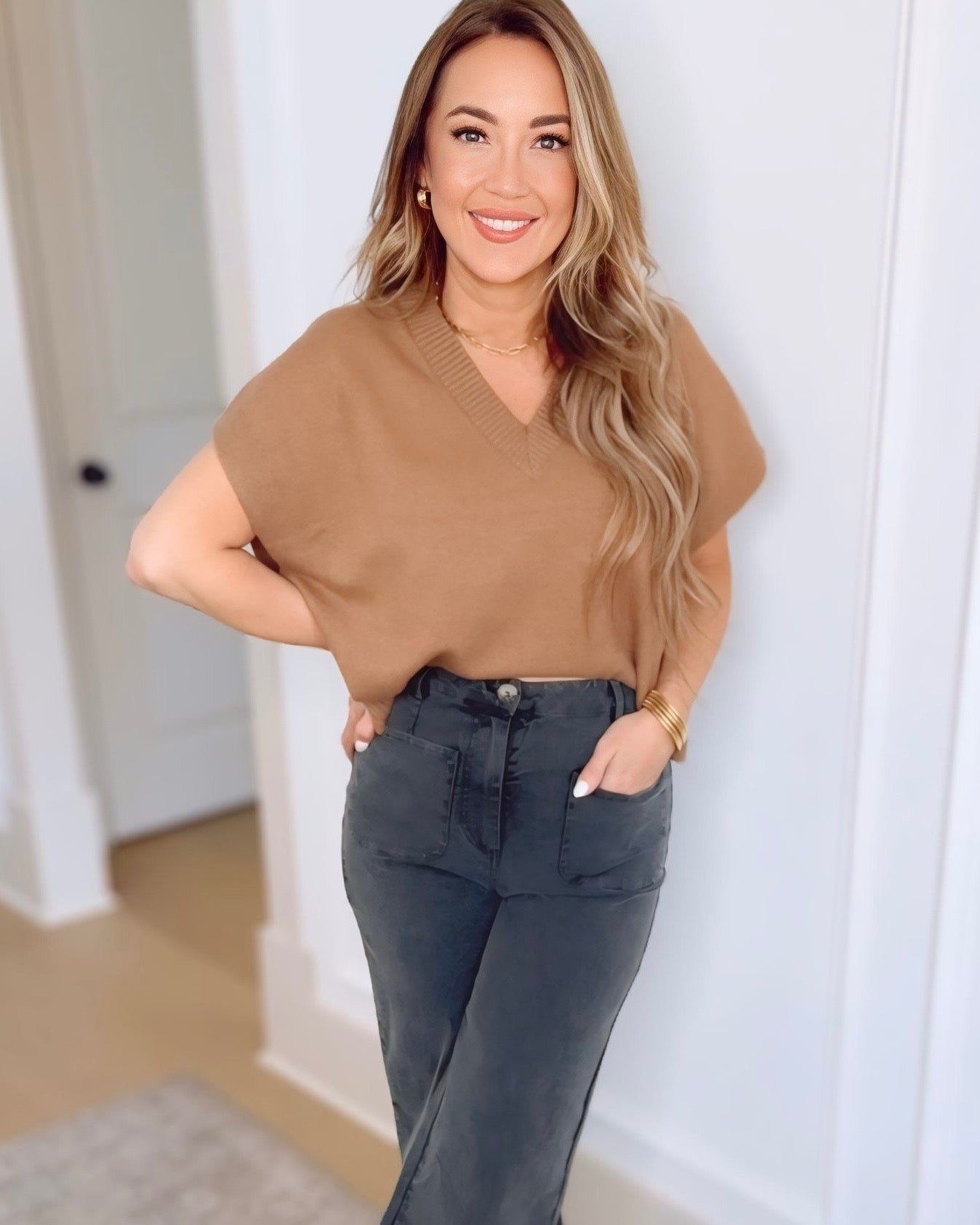 Andi V-Neck Cap Sleeve Sweater Top