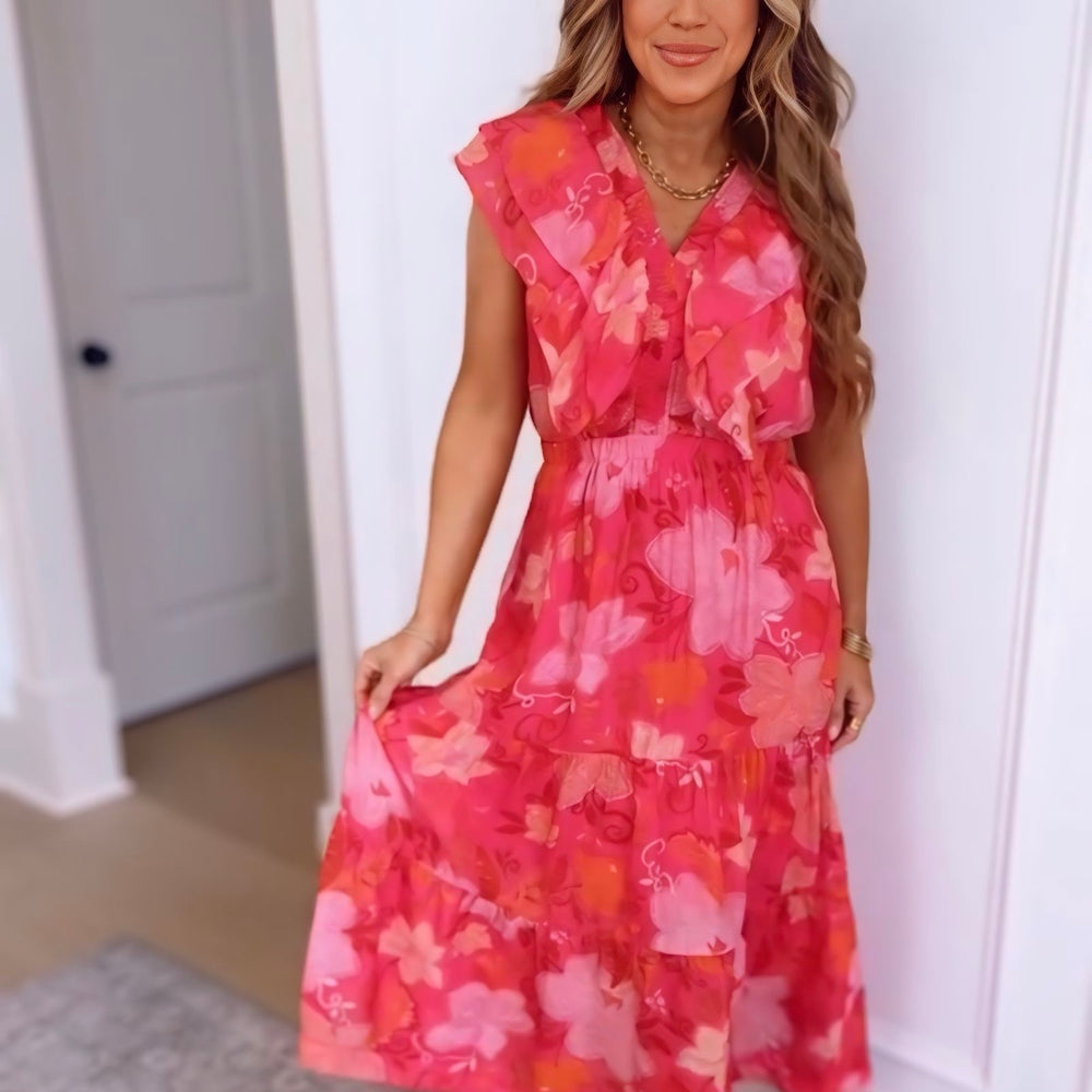 Strawberry Margarita Ruffle Sleeve Midi