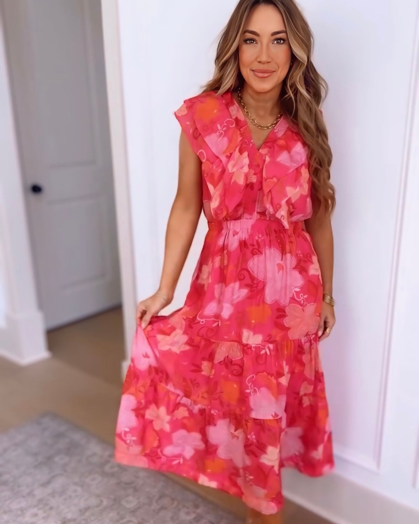 Strawberry Margarita Ruffle Sleeve Midi
