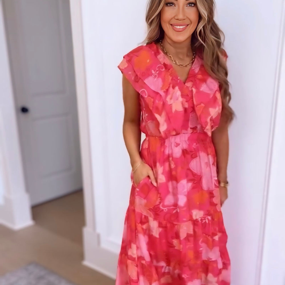 Strawberry Margarita Ruffle Sleeve Midi