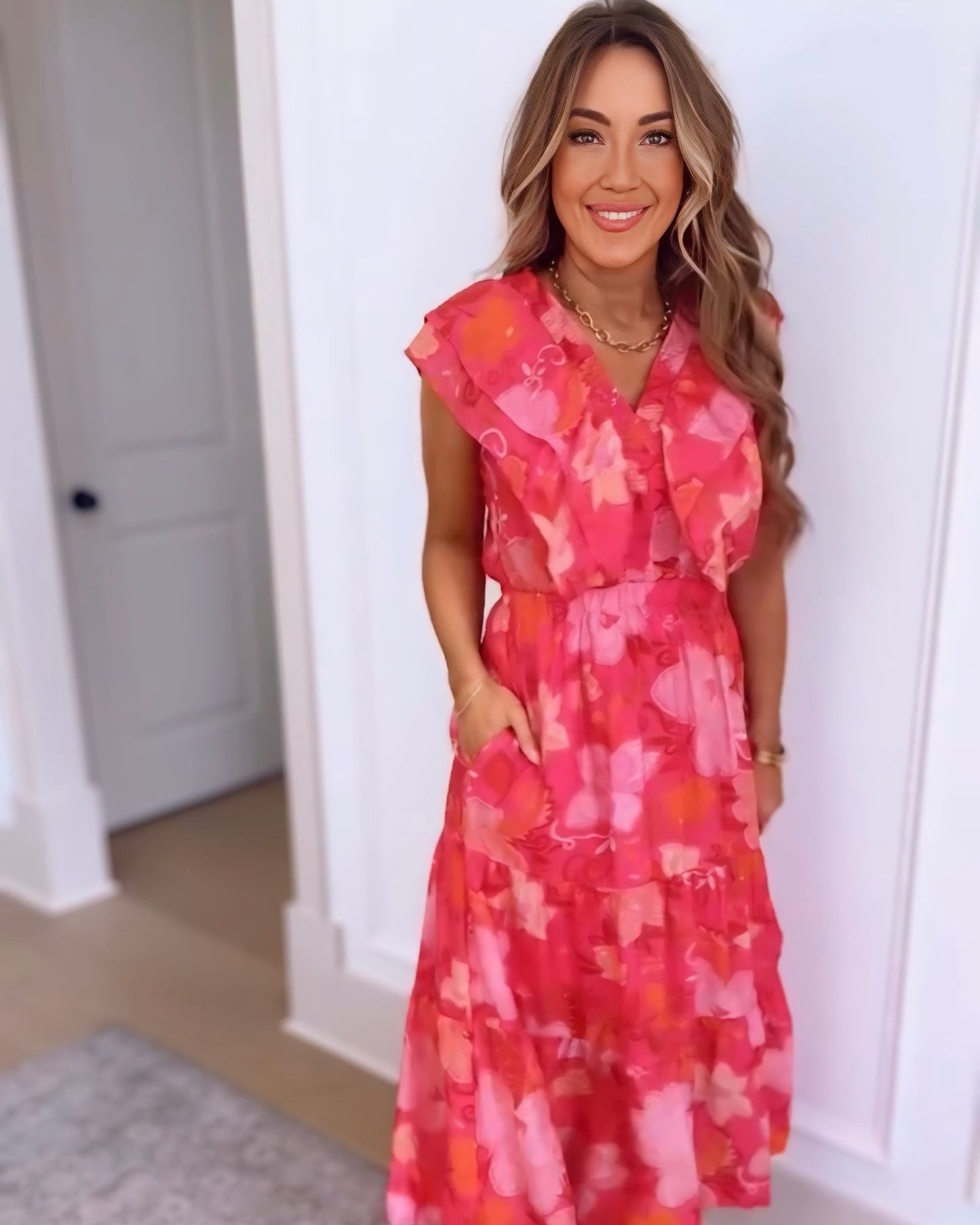 Strawberry Margarita Ruffle Sleeve Midi