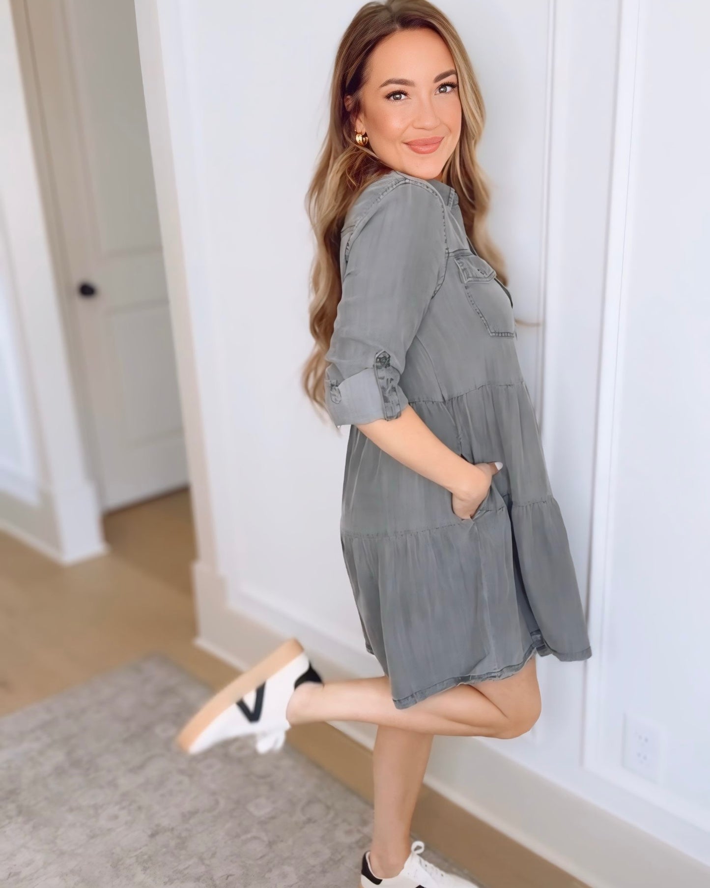 Bree Rolled Sleeve Button Up Dress