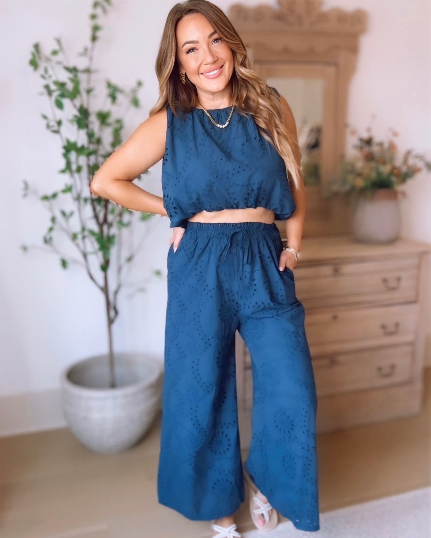 Indie Embroidered Eyelet Pants Set