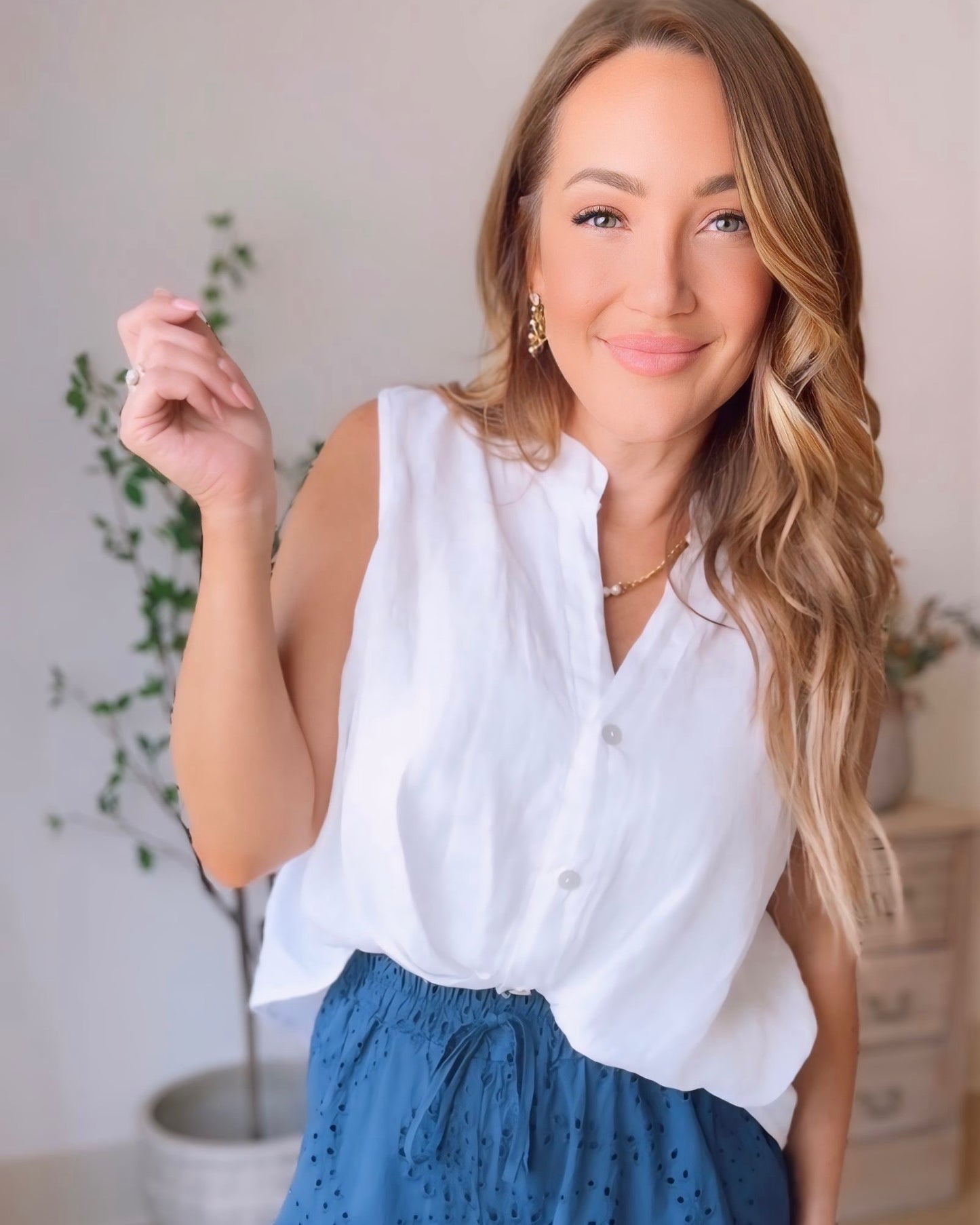 Cassia Button Down Front Twist Hem Linen Top