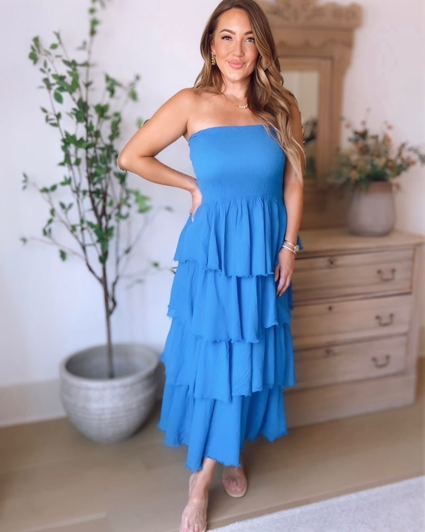Sedona Strapless Smocked Frayed Tiered Maxi Dress- 2 Colors