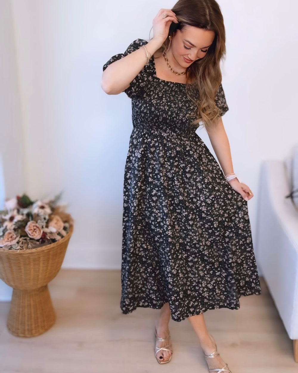 Midnight Blooms Midi Dress