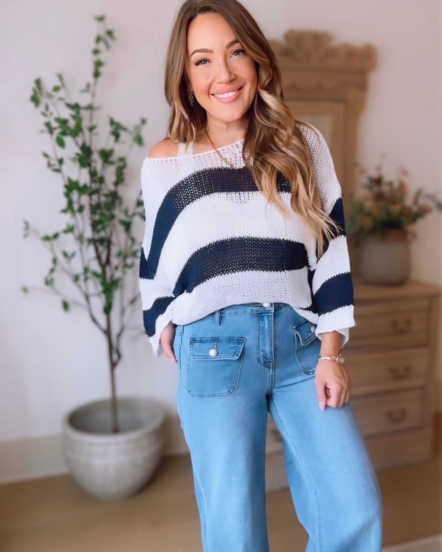 Striped Crew Neck Open Knit Crochet Sweater