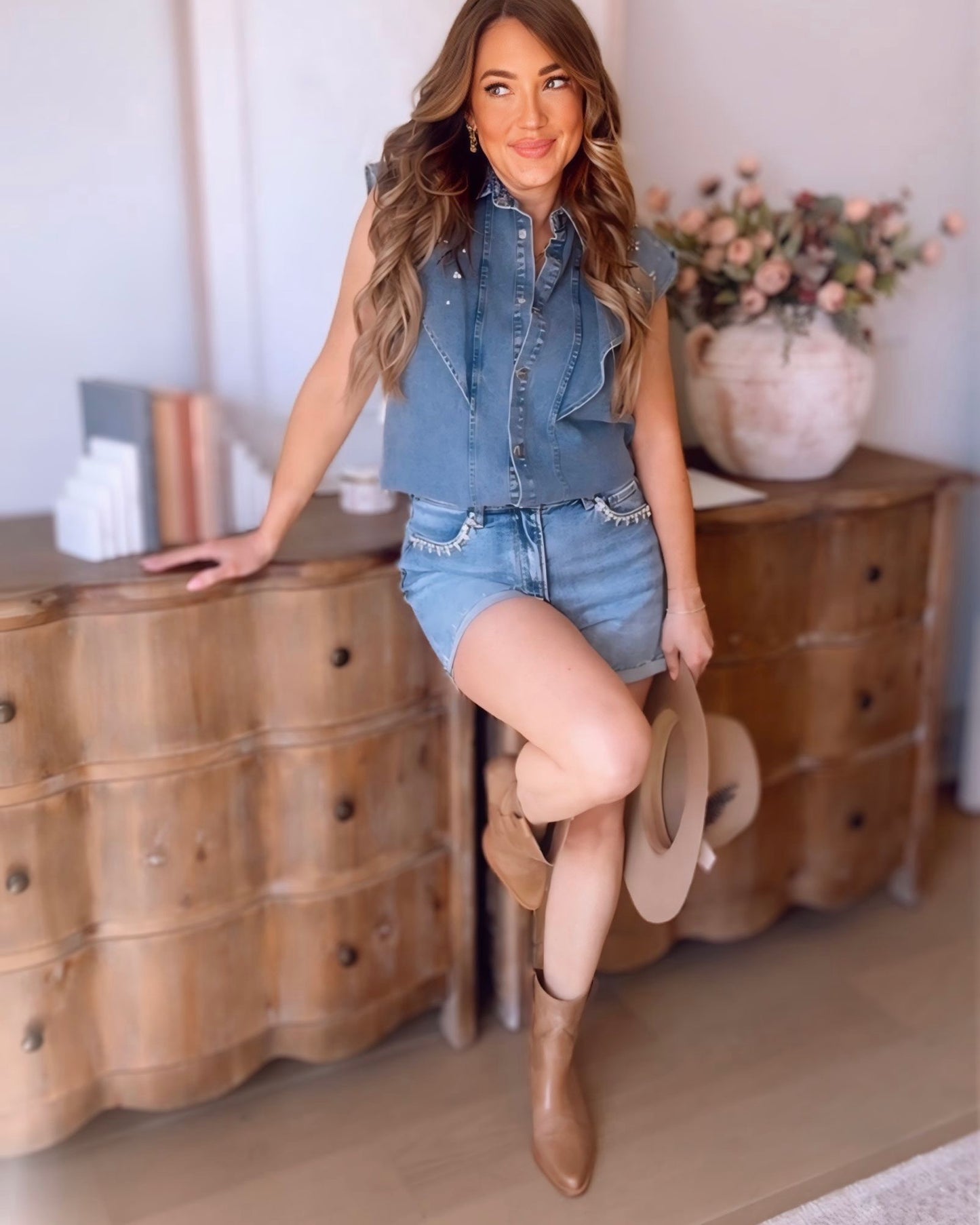 Bobbi Rhinestone Embellished Denim Top