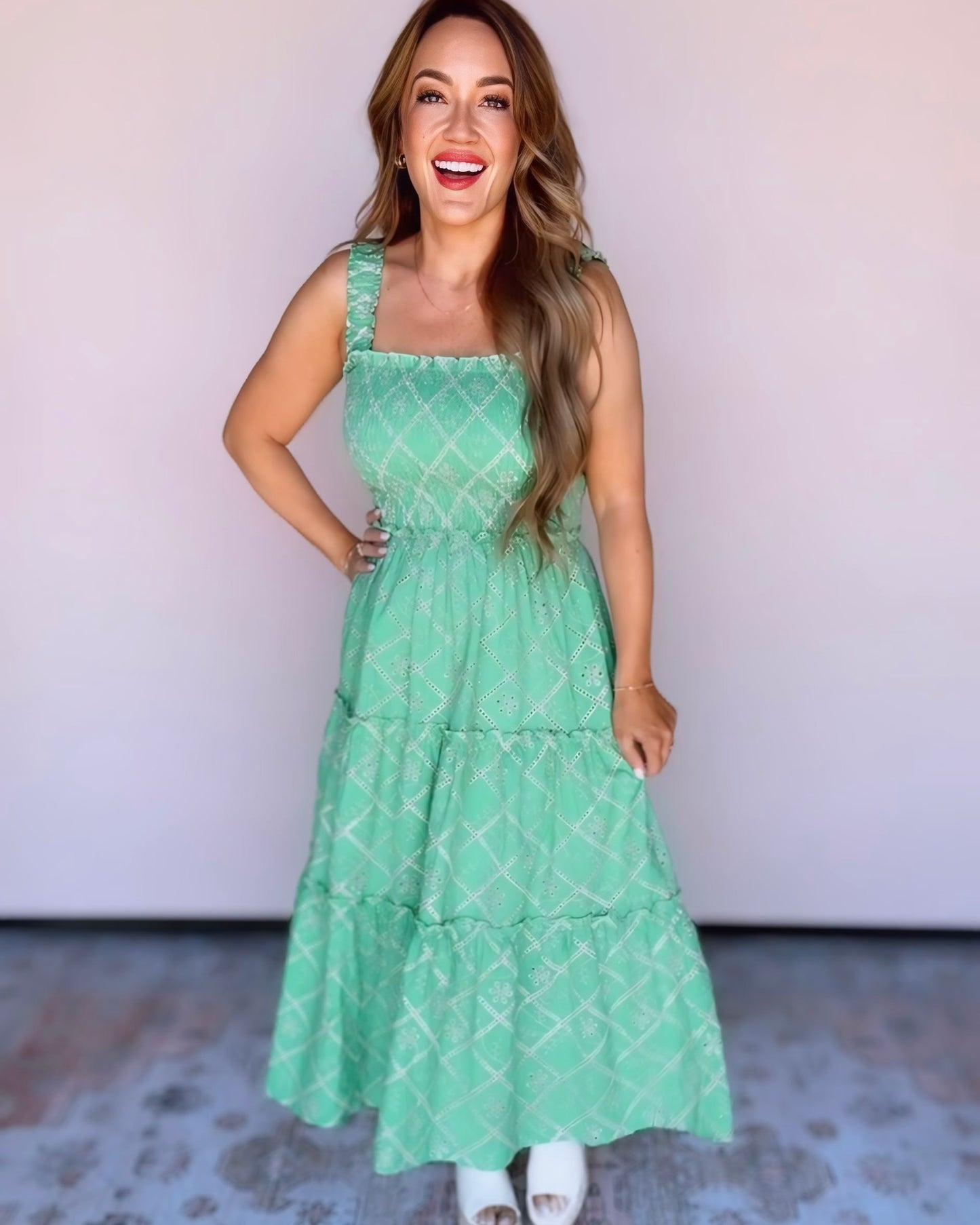 Shelby Smocked Embroidered Tiered Midi