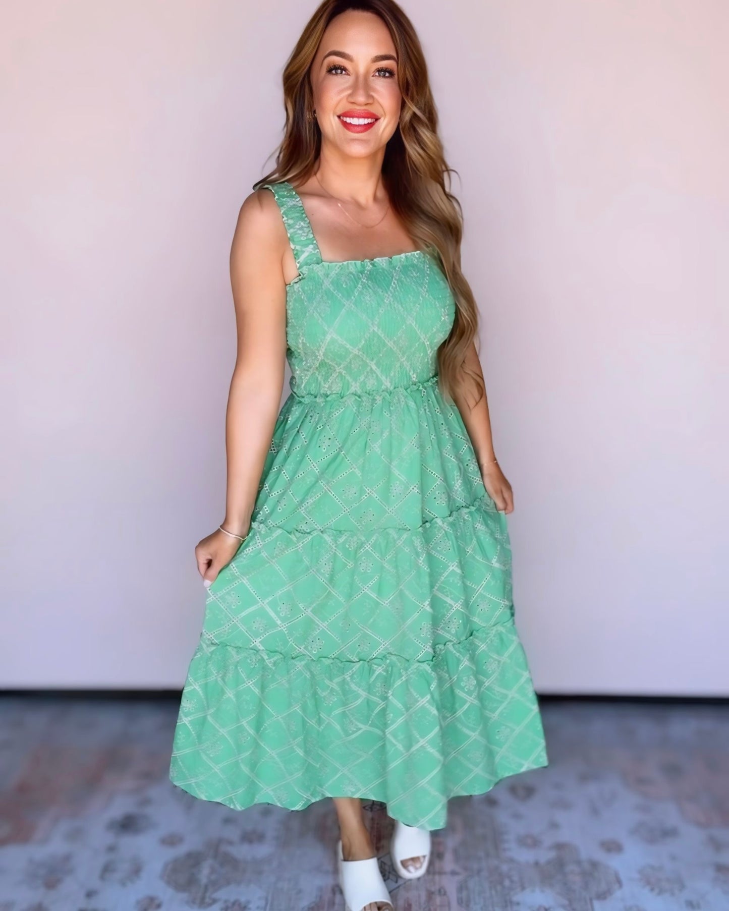 Shelby Smocked Embroidered Tiered Midi