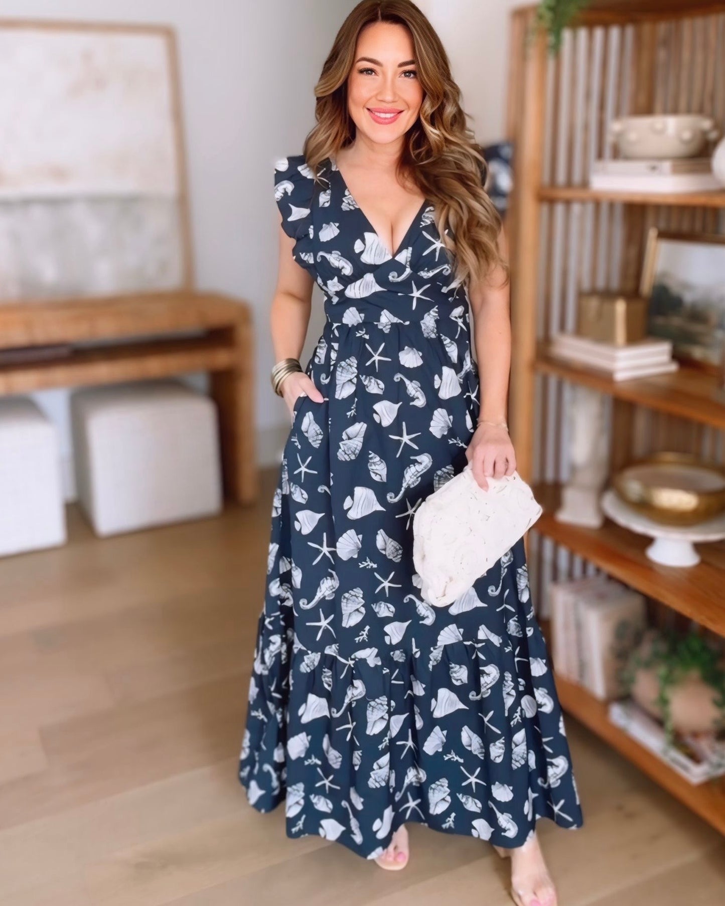 Seashell Coast Ruffle Sleeve Maxi Dress