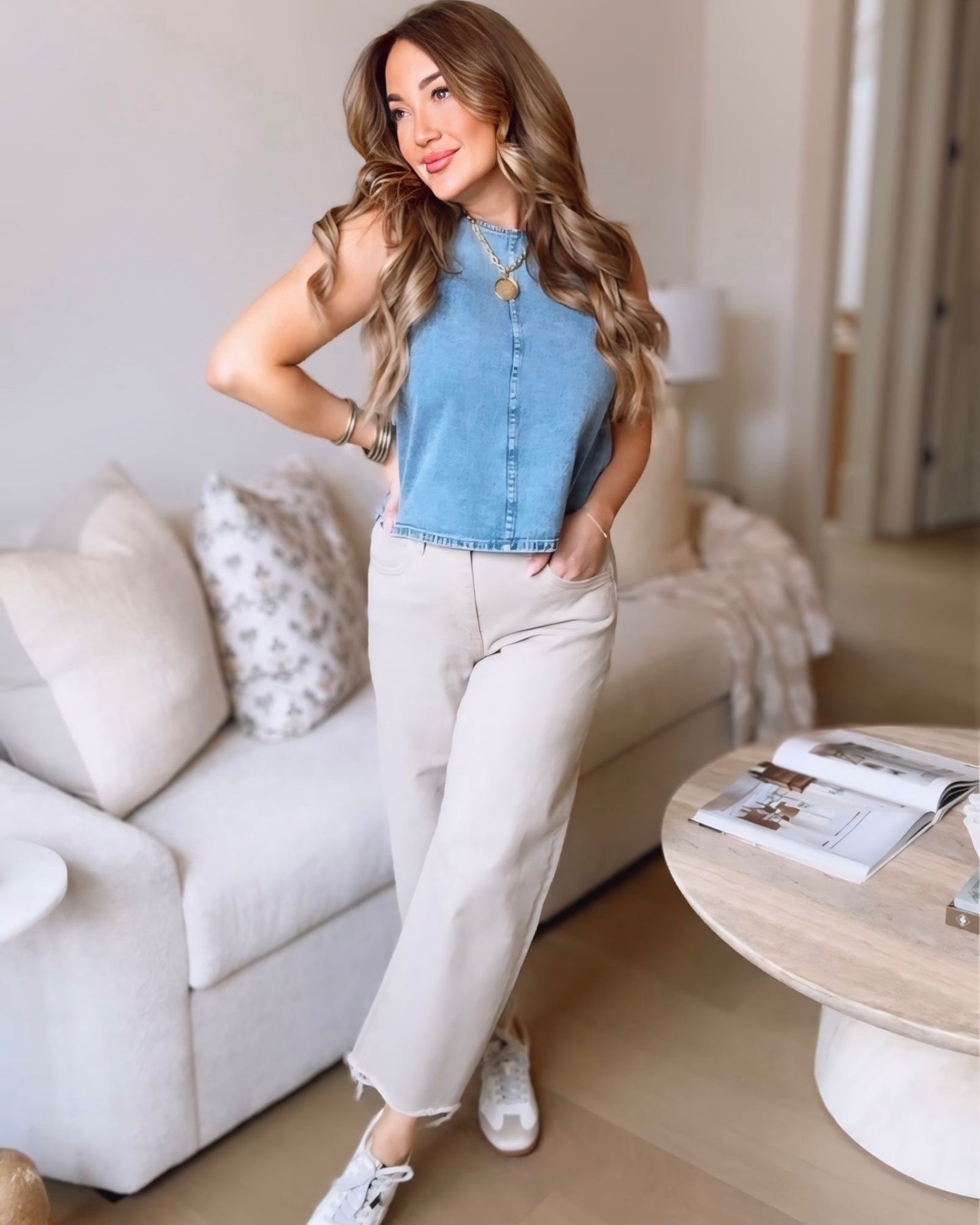 Archer Washed Denim Round Neck Sleeveless Top