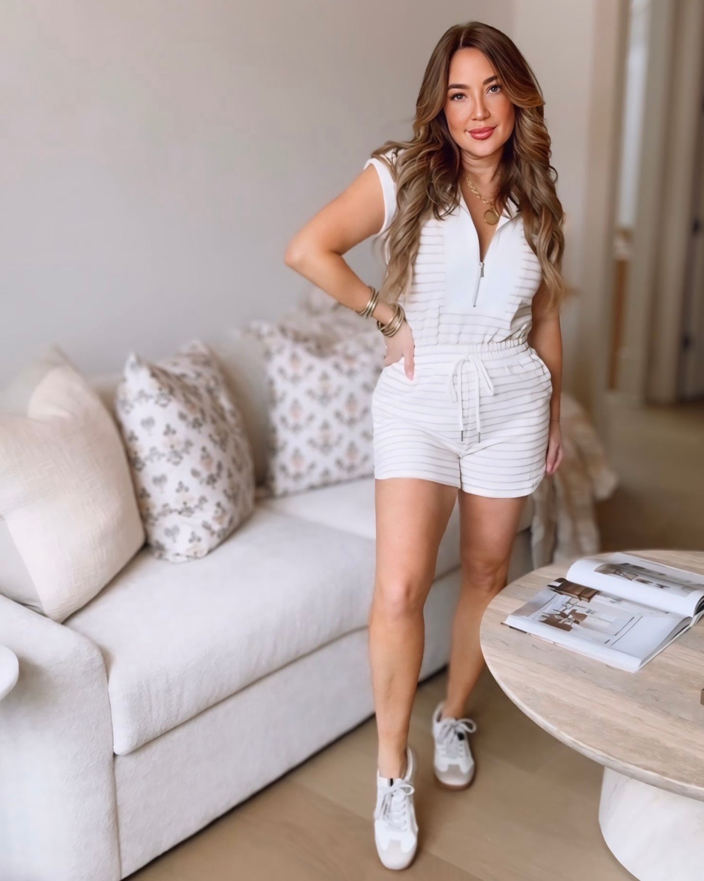 Cami Stripe Zip-Front Drawstring Knit Romper