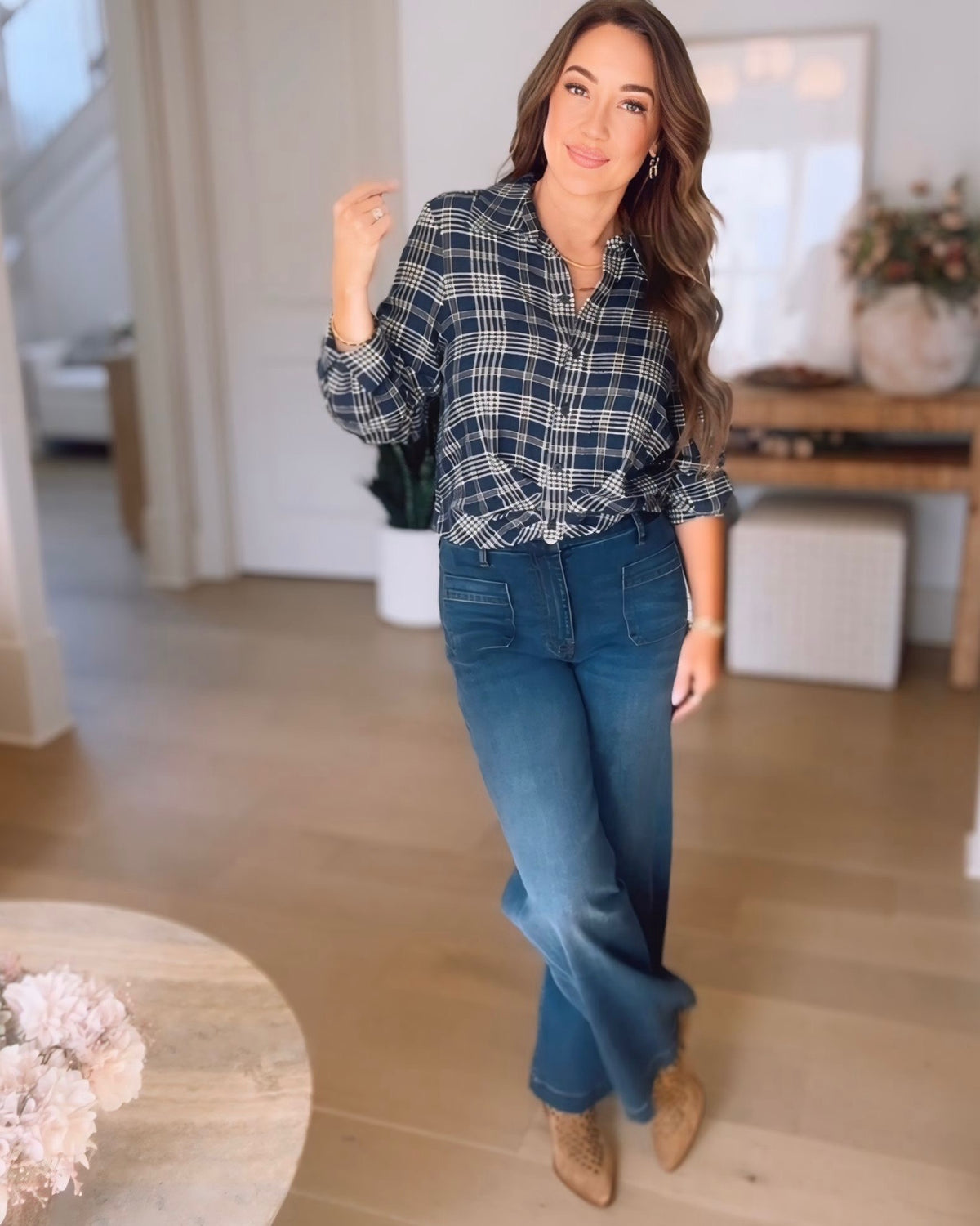 LUXE Nick Front Knot Plaid Button Up