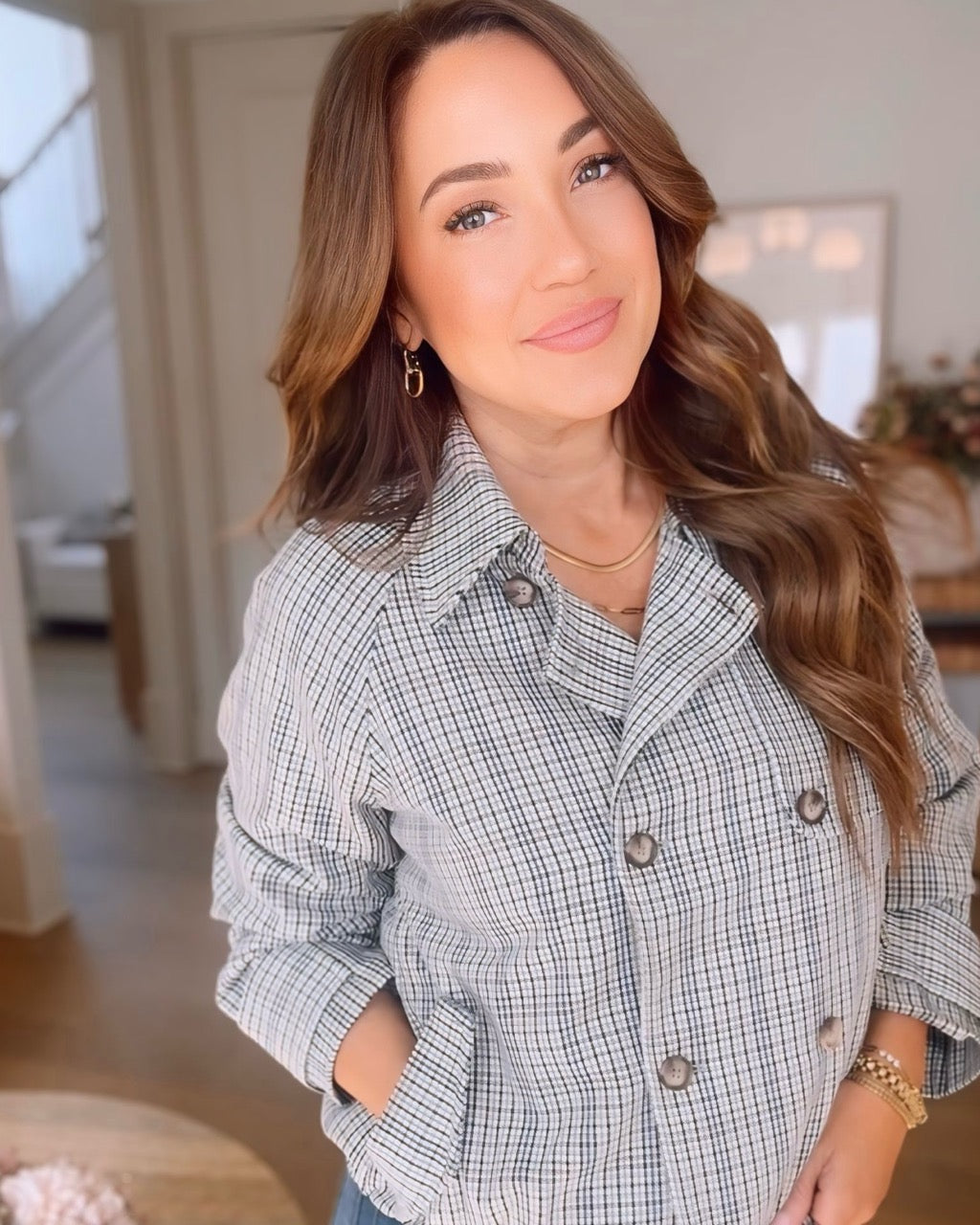 Morgan Short Plaid Trench Coat