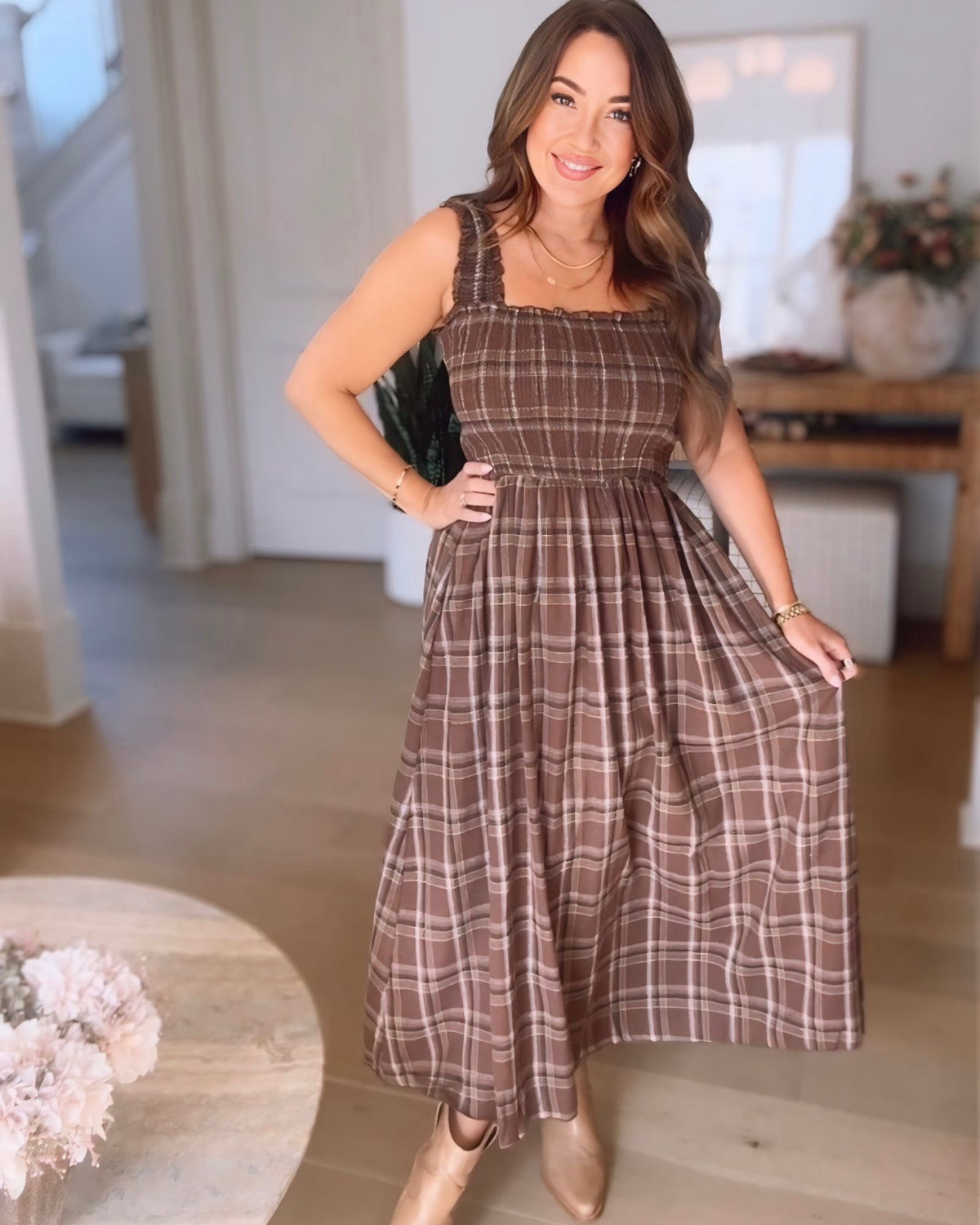 Sadie Plaid Smocked Fit and Flare Midi Dress