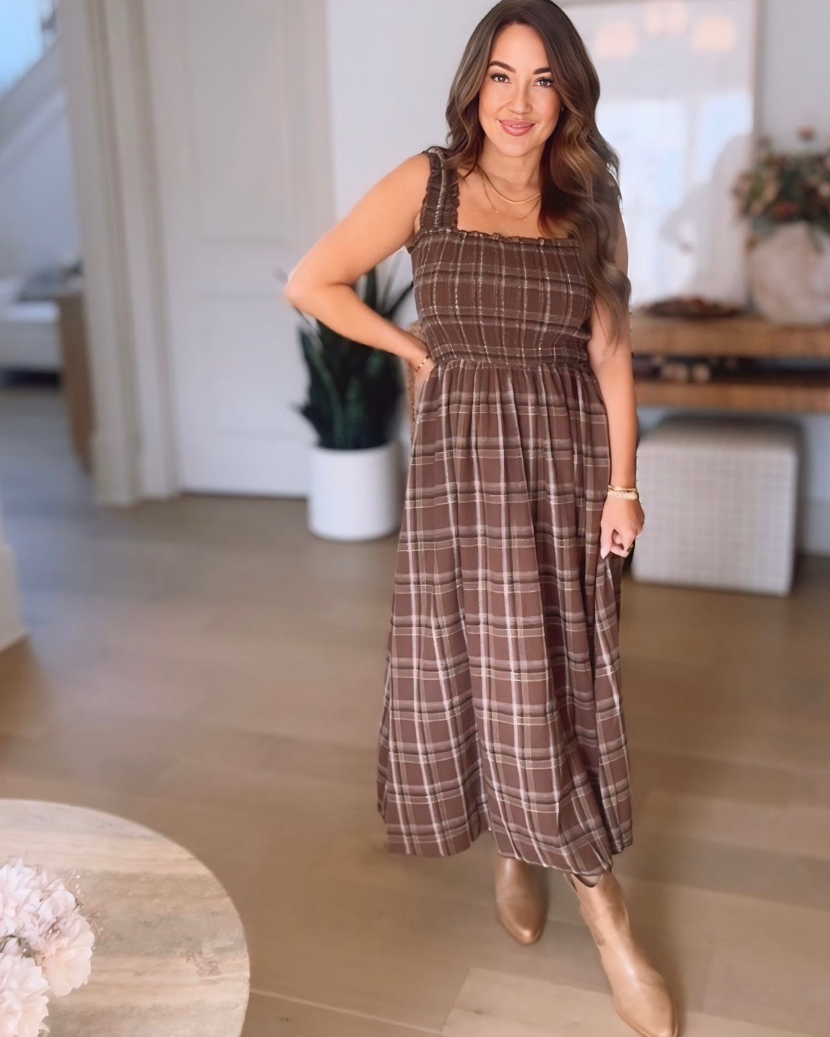Sadie Plaid Smocked Fit and Flare Midi Dress