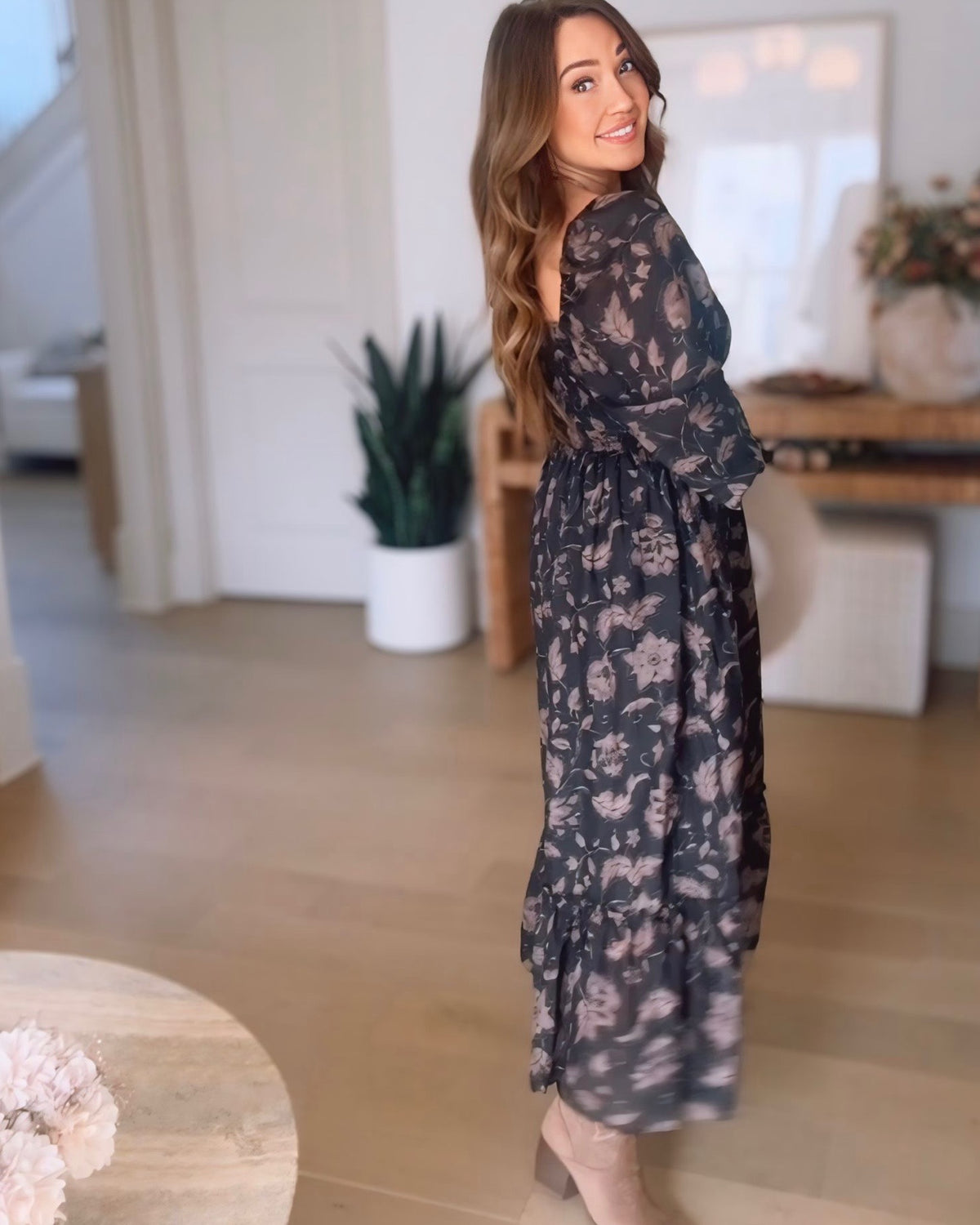 Ruby Floral Smocked Bubble Sleeve Midi Dress
