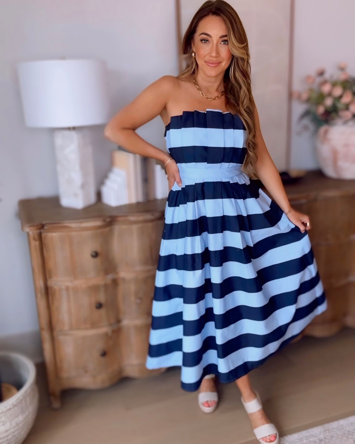 Be The Change Blue Striped Pleated Midi Dress