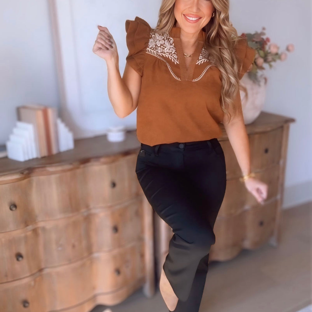 Devyn Flutter Sleeve Embroidered Top