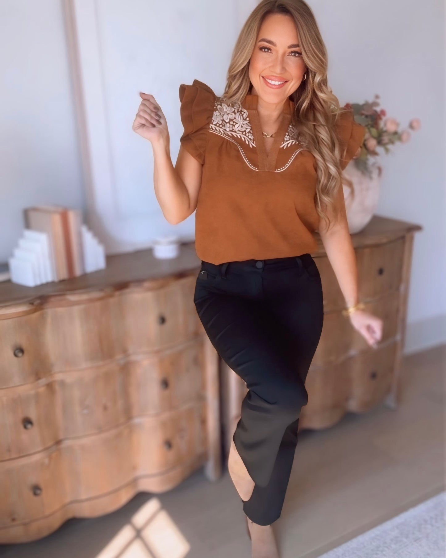 Devyn Flutter Sleeve Embroidered Top