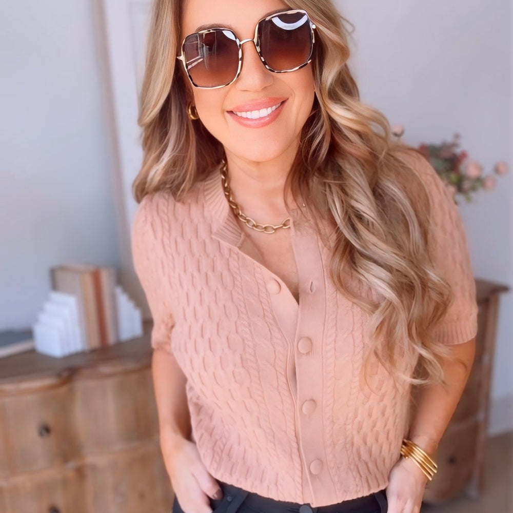 
                      
                        Grey Short Sleeve Button Up Knit Top
                      
                    