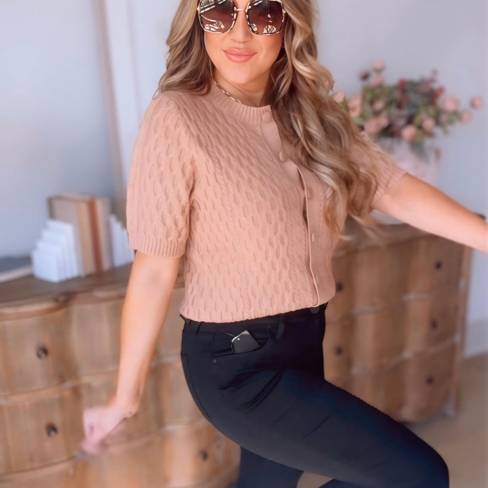 
                      
                        Grey Short Sleeve Button Up Knit Top
                      
                    