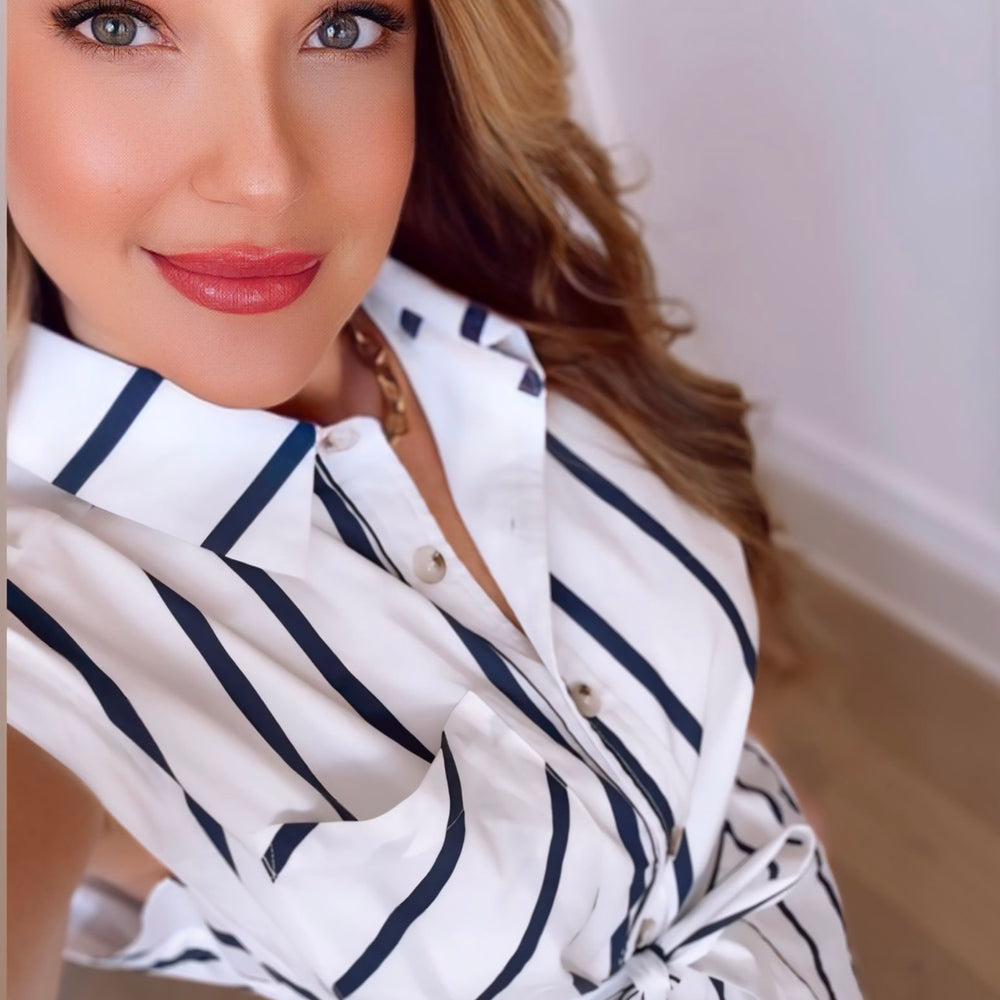 Well Done Navy Striped Button Midi Dress