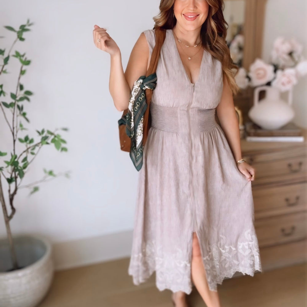 front zip midi dress Kaya Embroidered Medium Sky Blue Plus Size while textured stitching bands Wrap_Dress size:38 85I