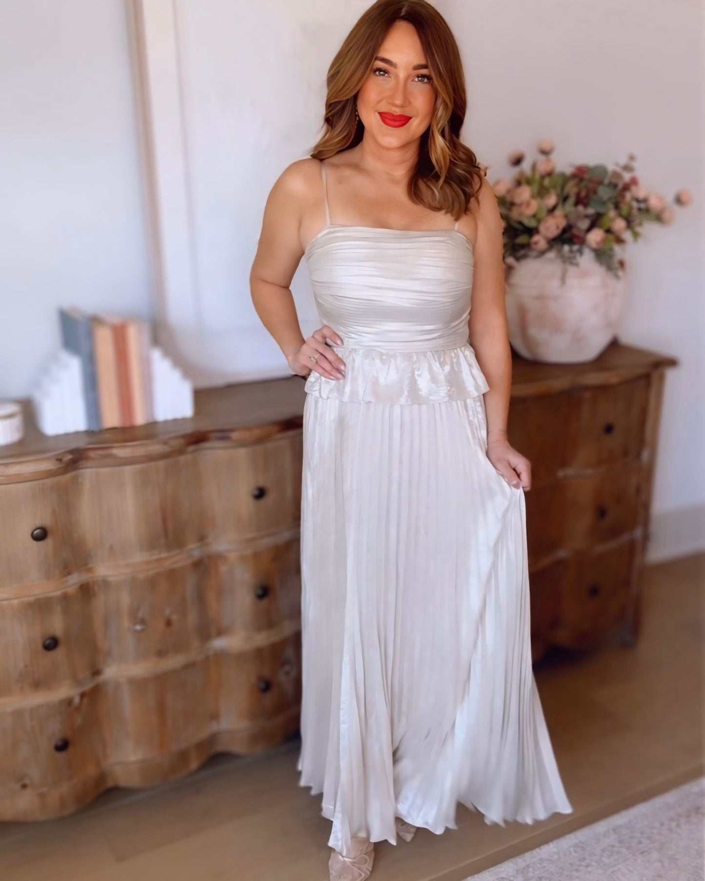 Clement Pleated Peplum Maxi Dress