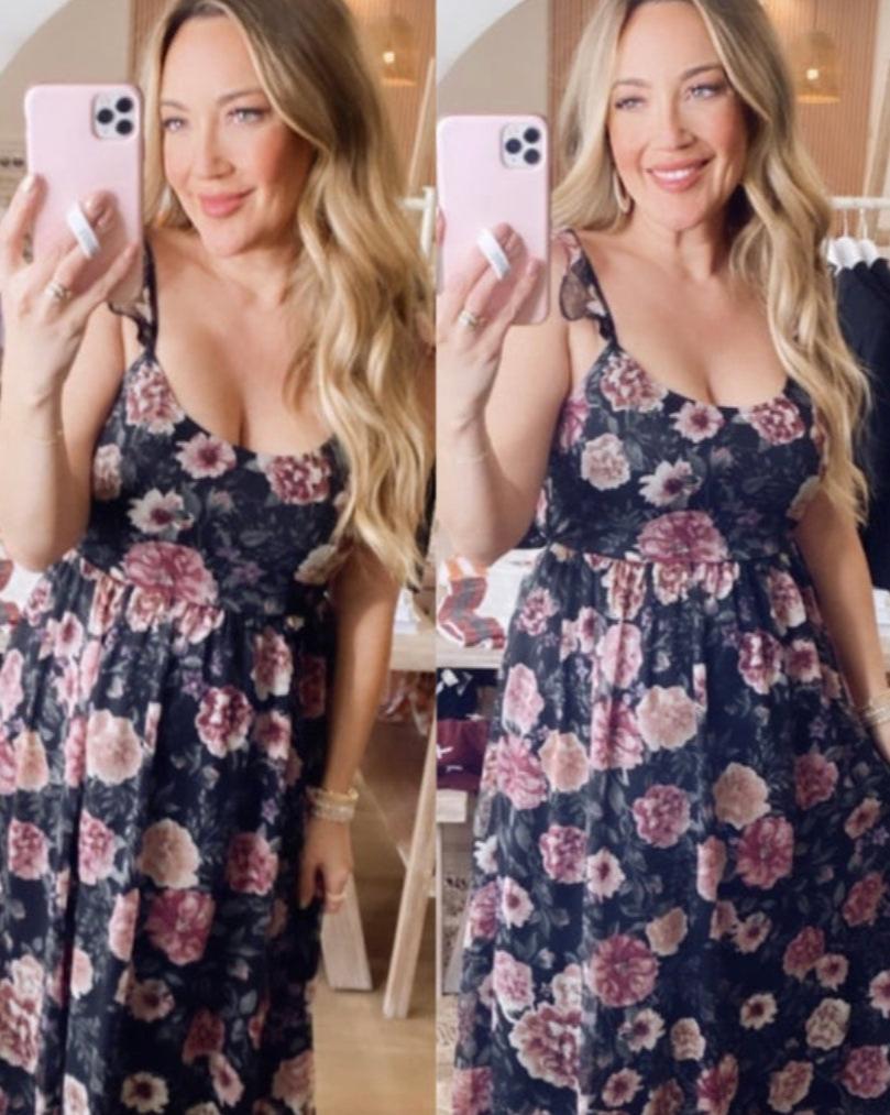 Flutter & Floral Open Back Maxi Dress