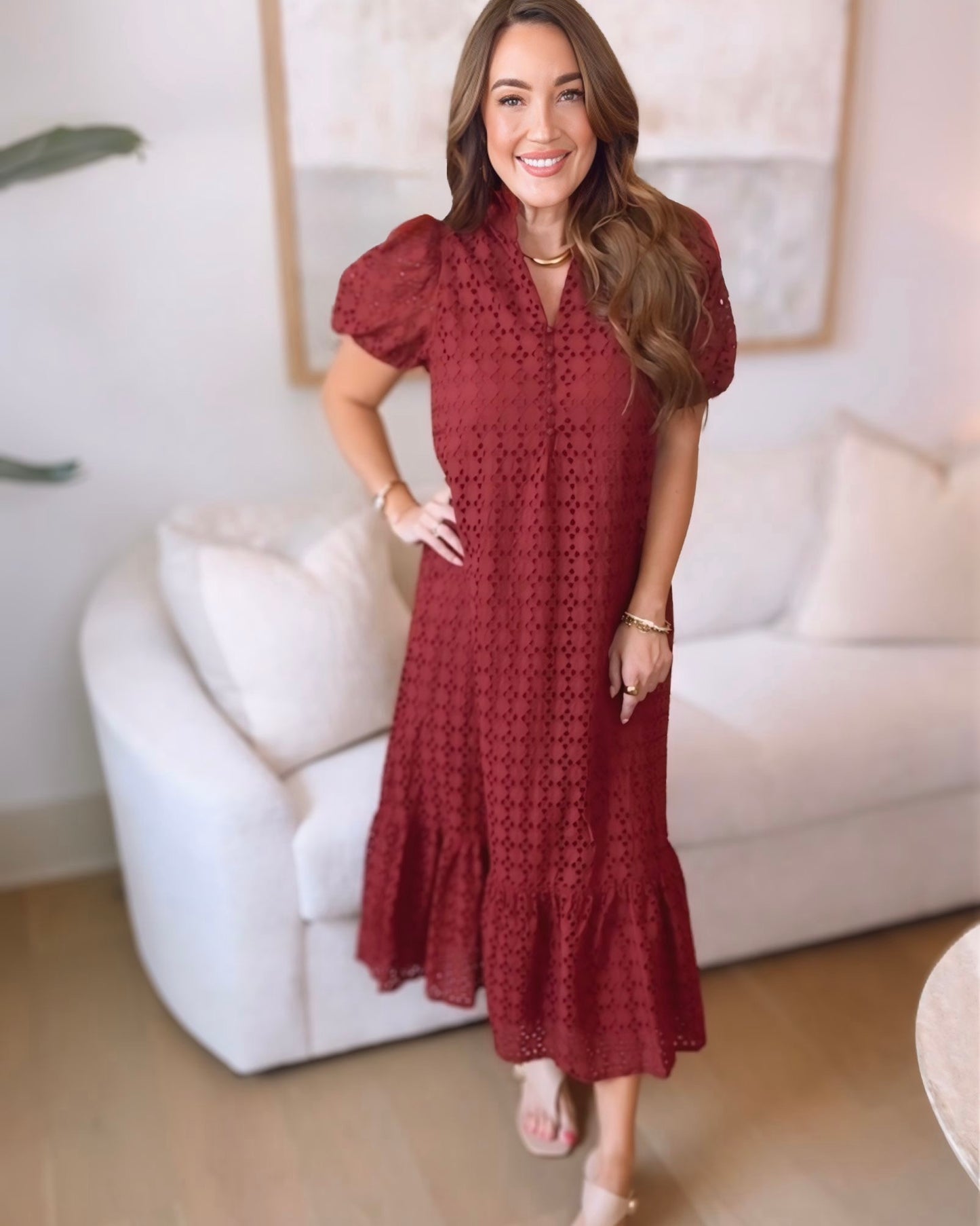 Calla Eyelet Puff Sleeve Midi Dress
