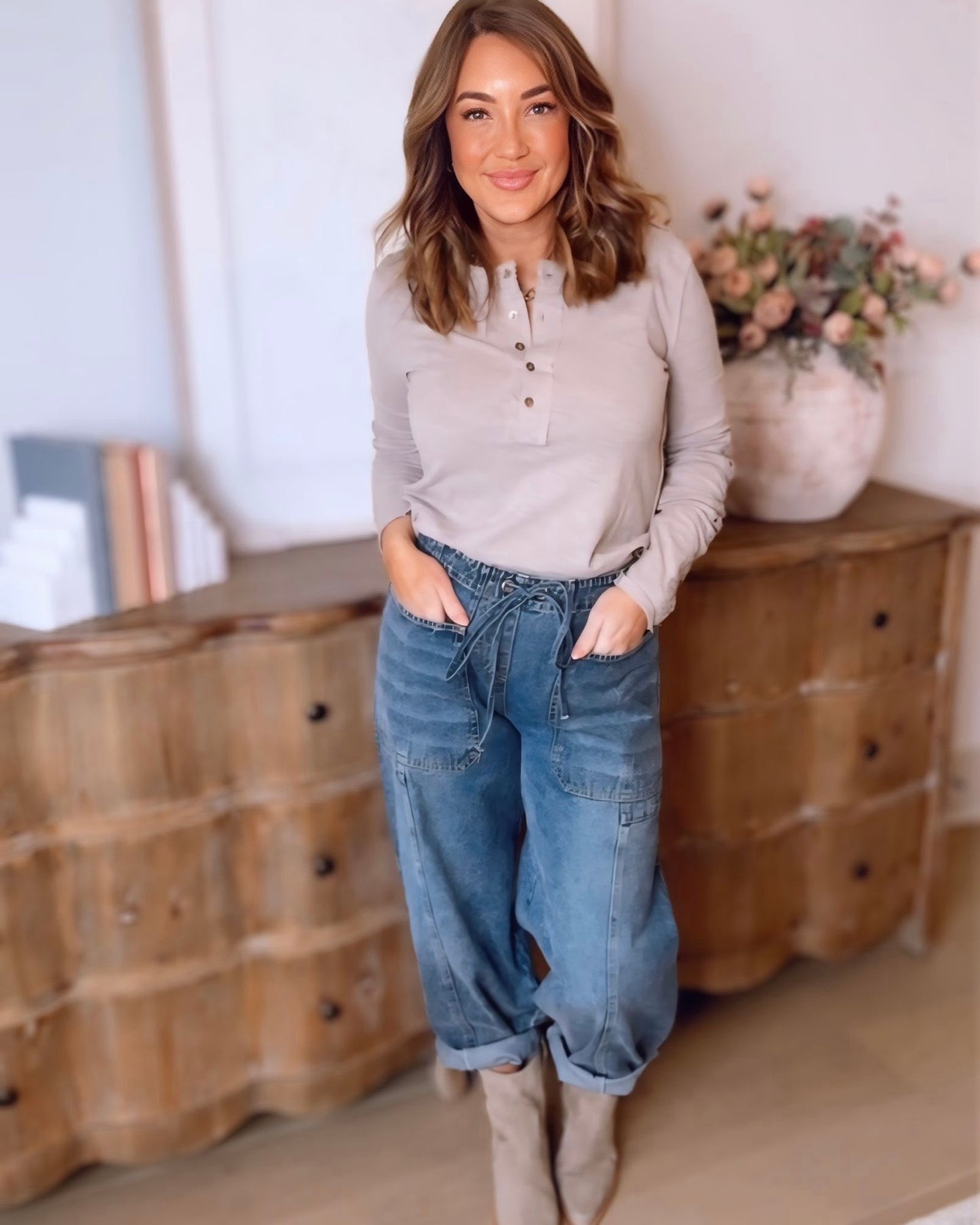 Mid Rise Drawstring Barrel Jean- Medium Wash