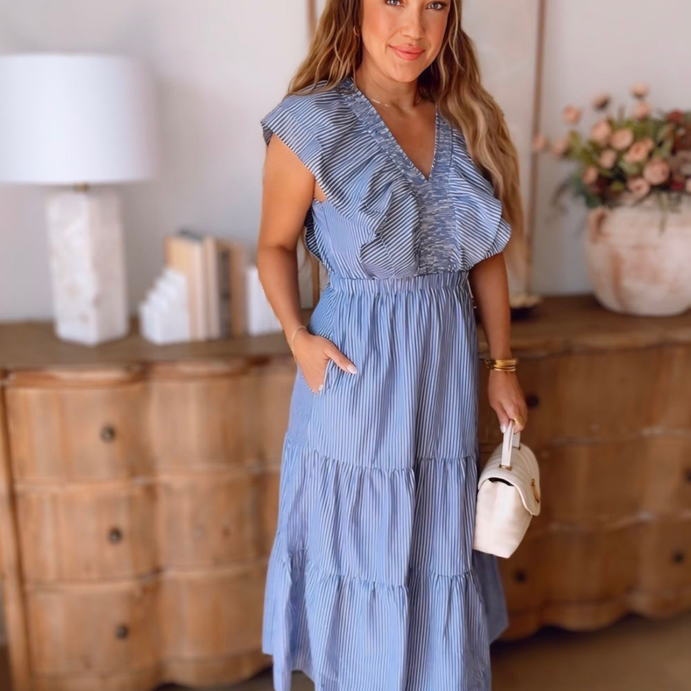 Kyra Smocked V-Neck Striped Maxi