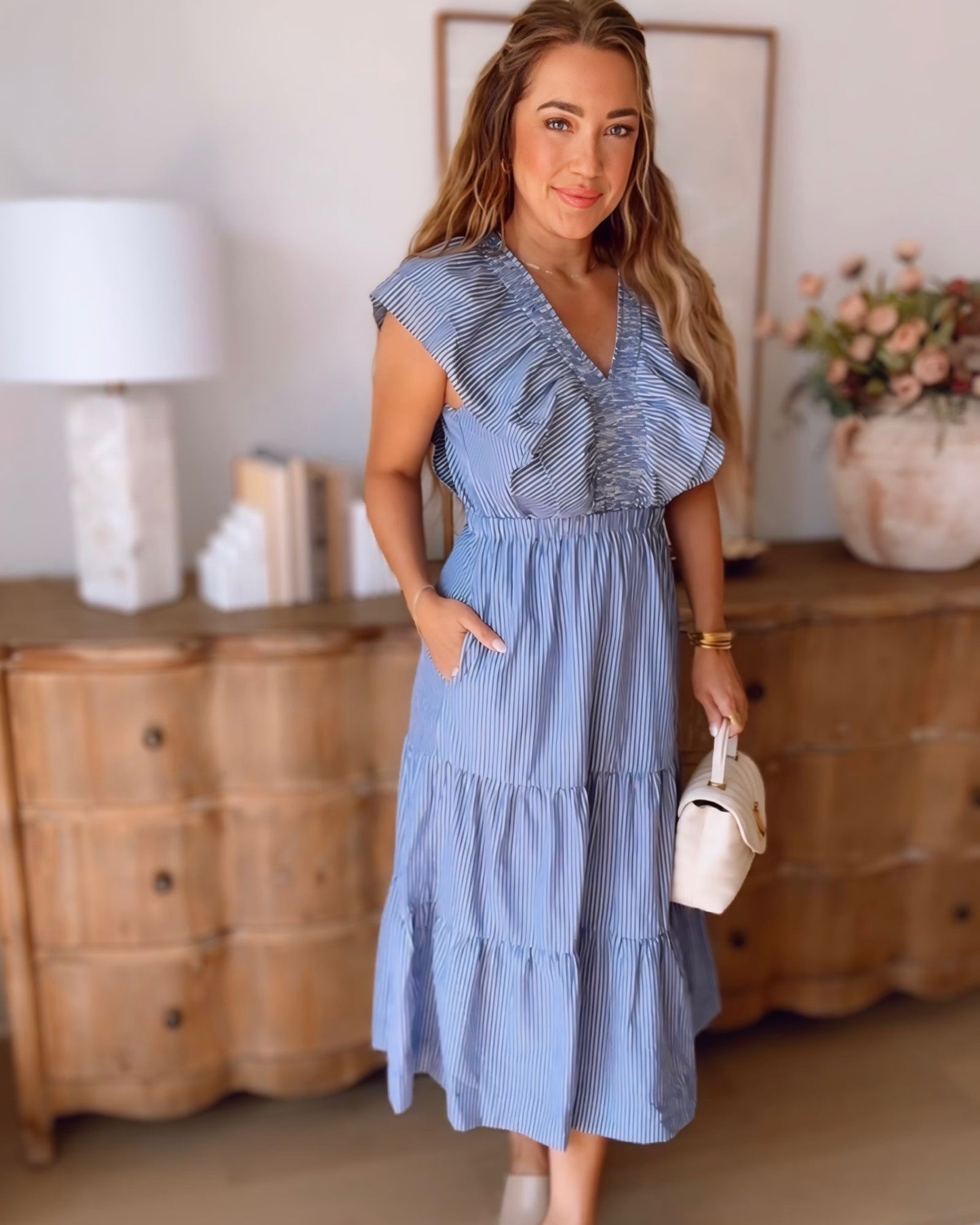 Kyra Smocked V-Neck Striped Maxi