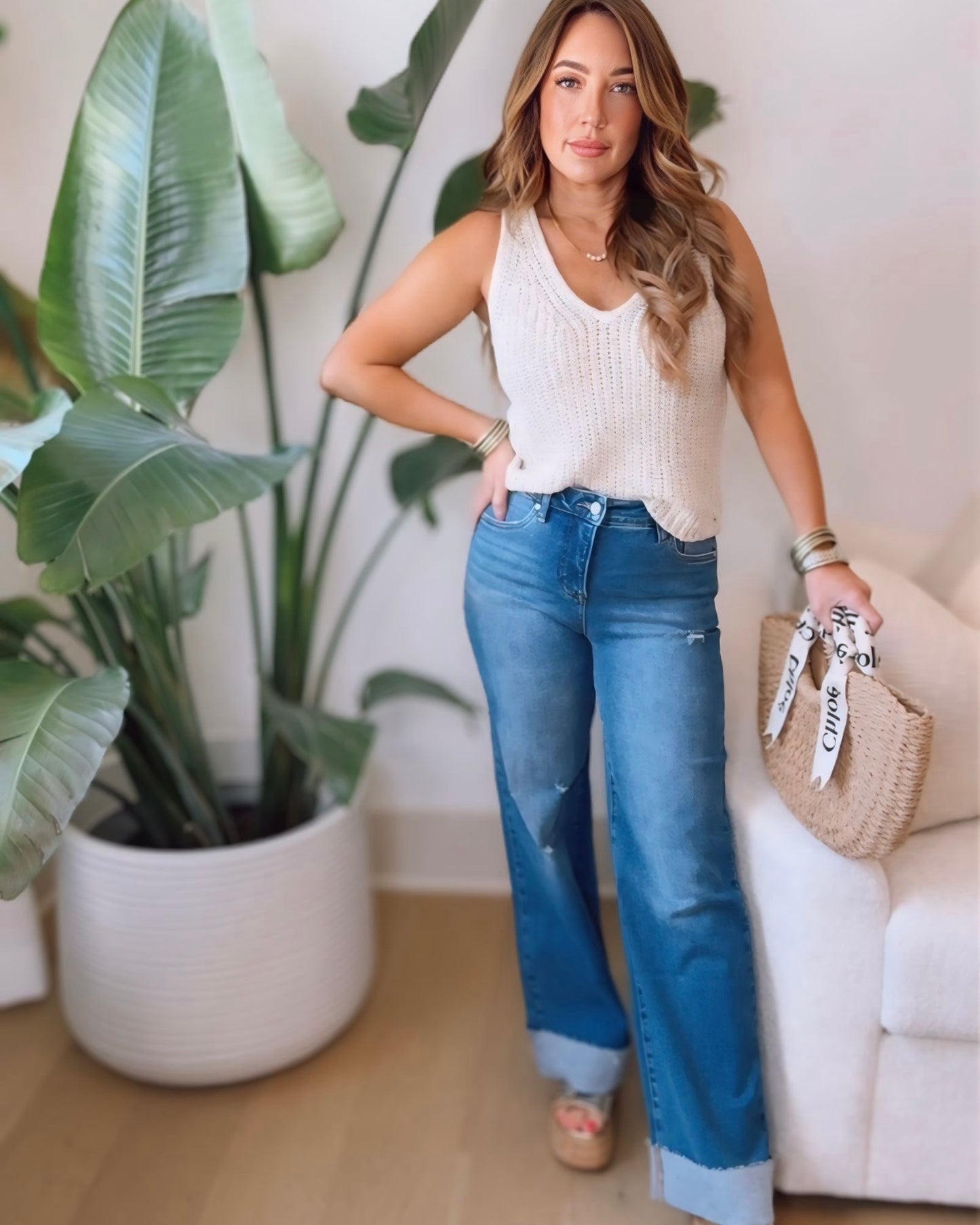 High Rise Cuffed Wide Leg Denim