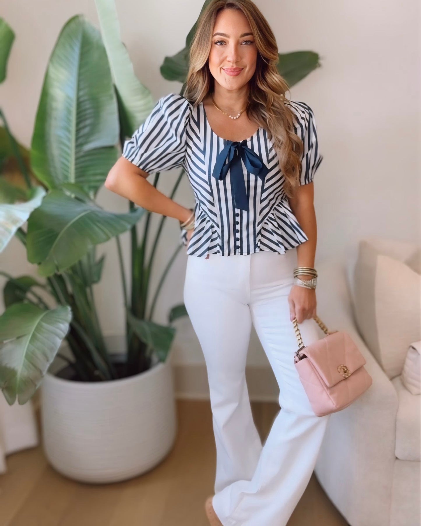 Lana Striped Bow Detail Peplum Top