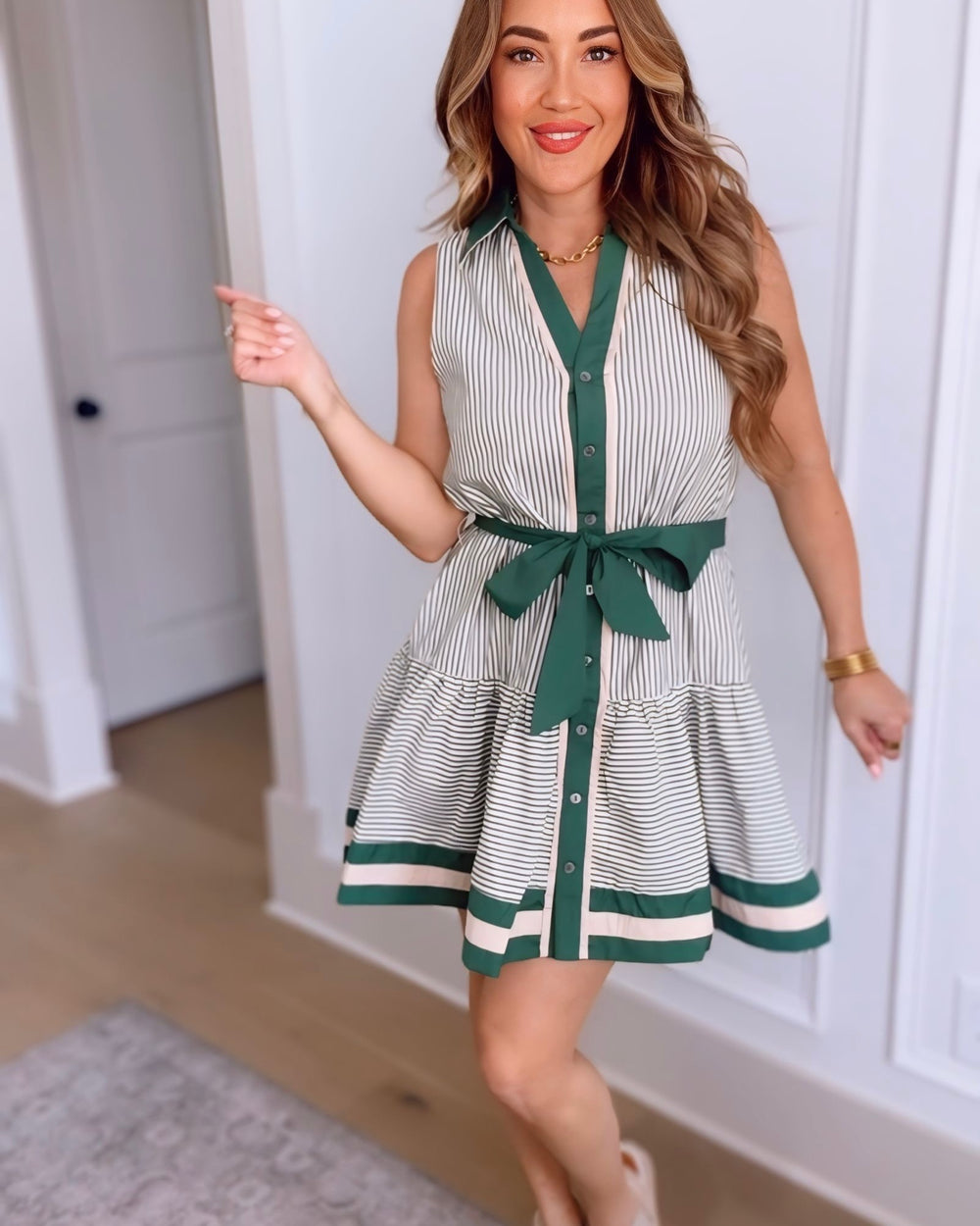 Via Striped Button Up Dress