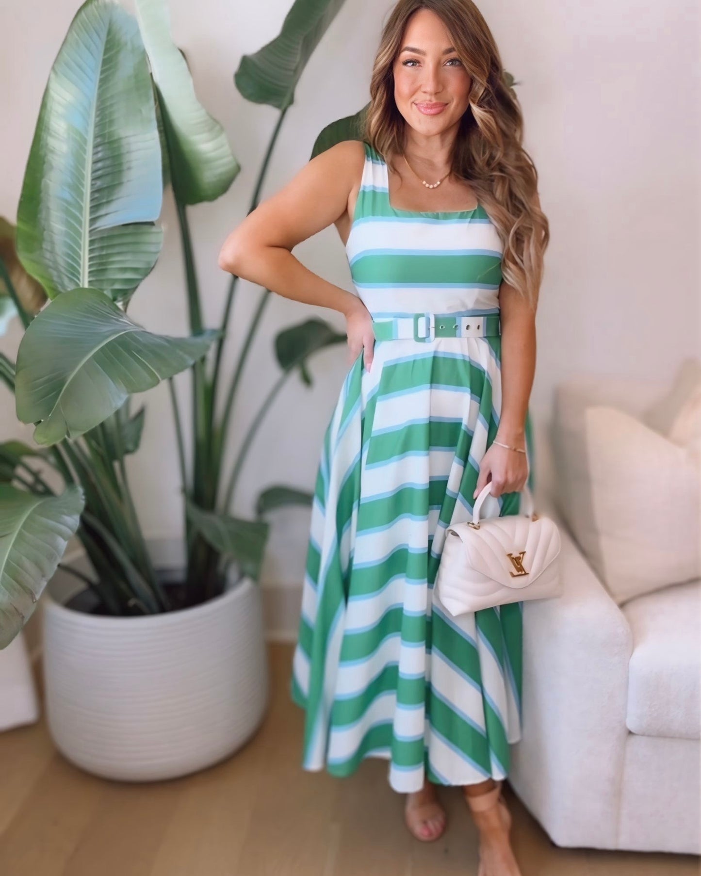 Annette Striped Belted Midi Dress