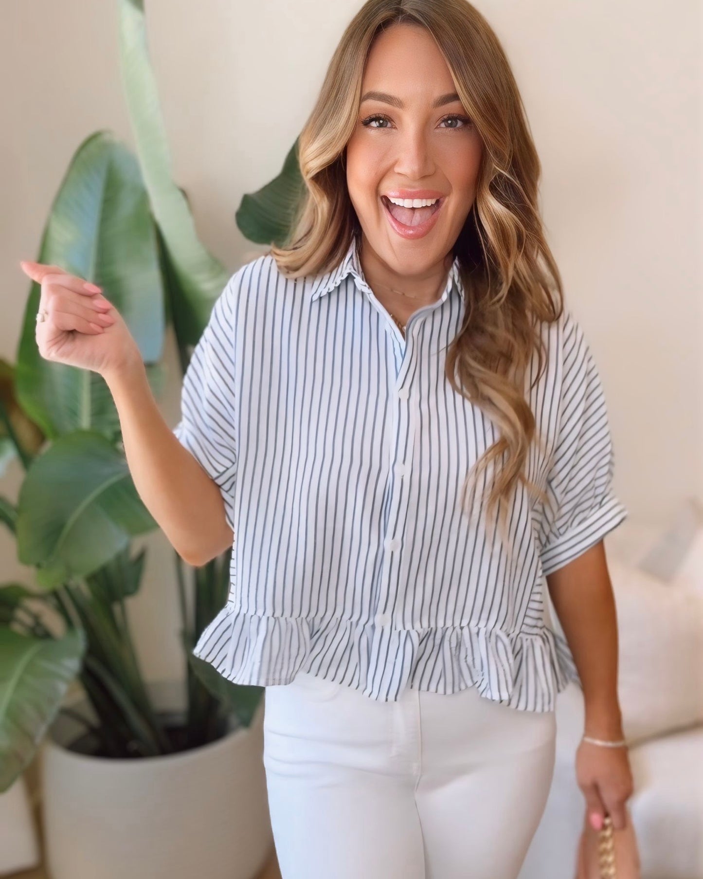 Loren Button Down Stripe Ruffle Detail Top