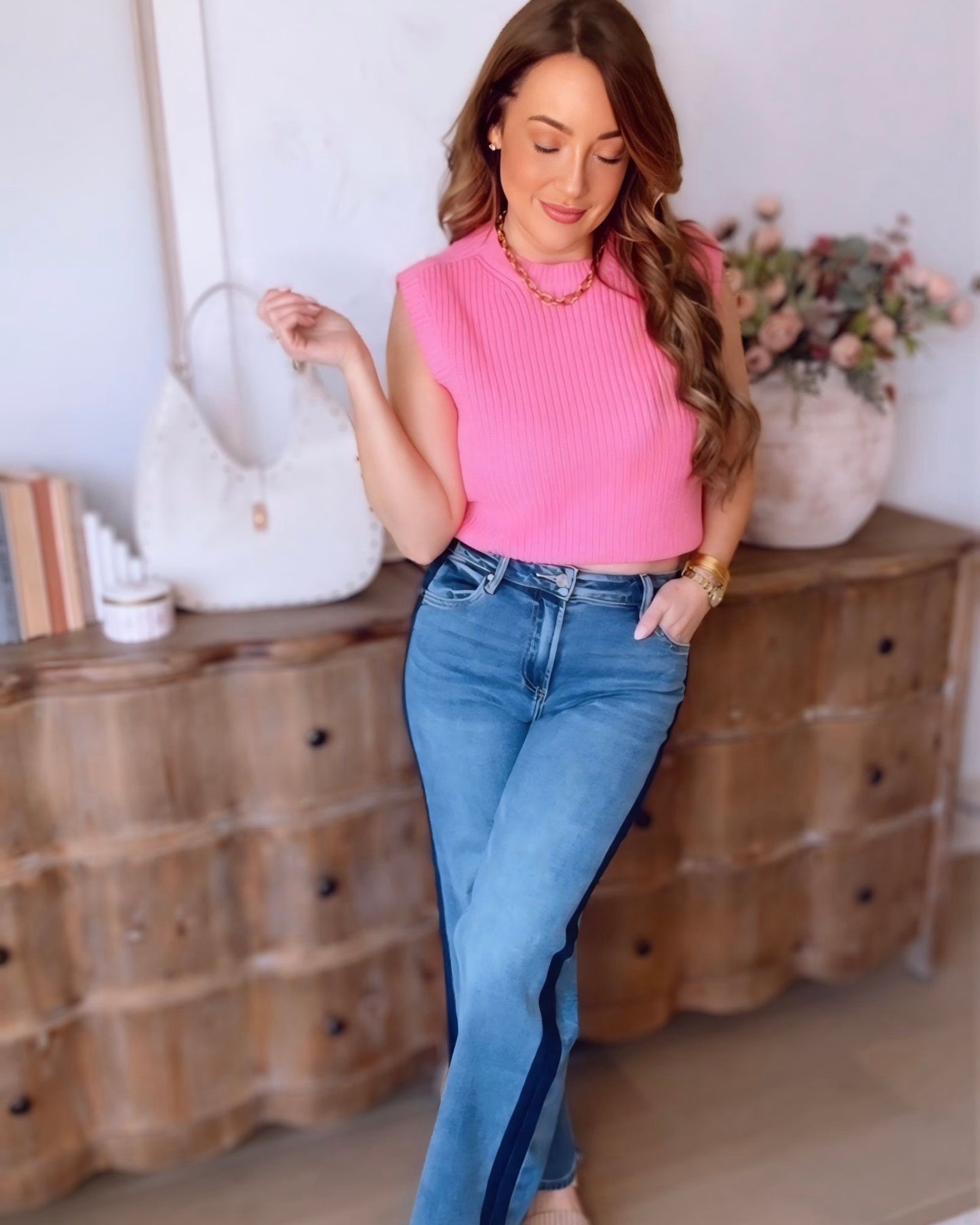 High Rise Contrast Stripe Straight Leg Denim