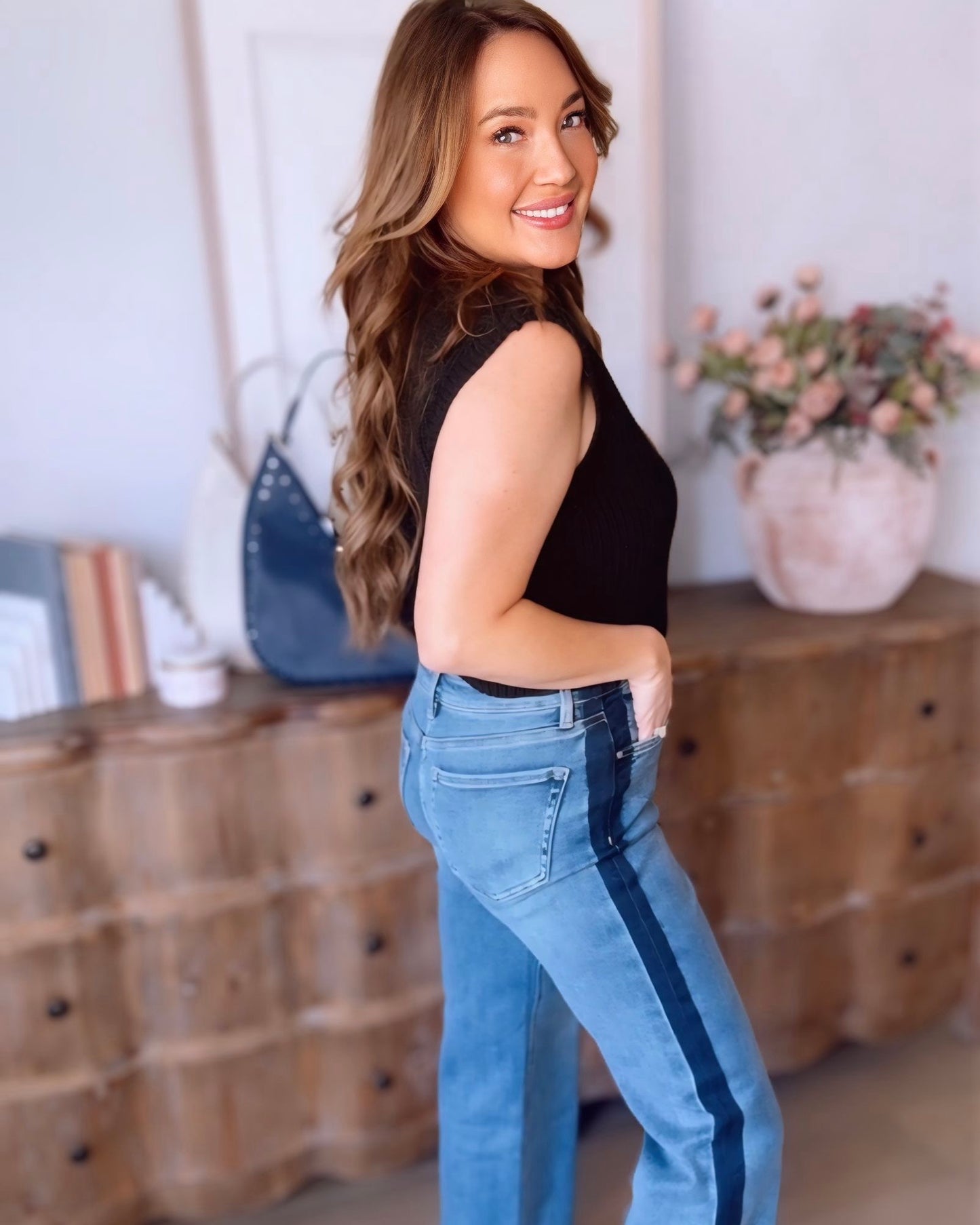 High Rise Contrast Stripe Straight Leg Denim