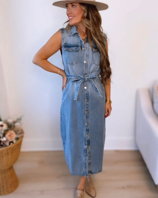 Boot Scootin' Sleeveless Button Down Denim Midi