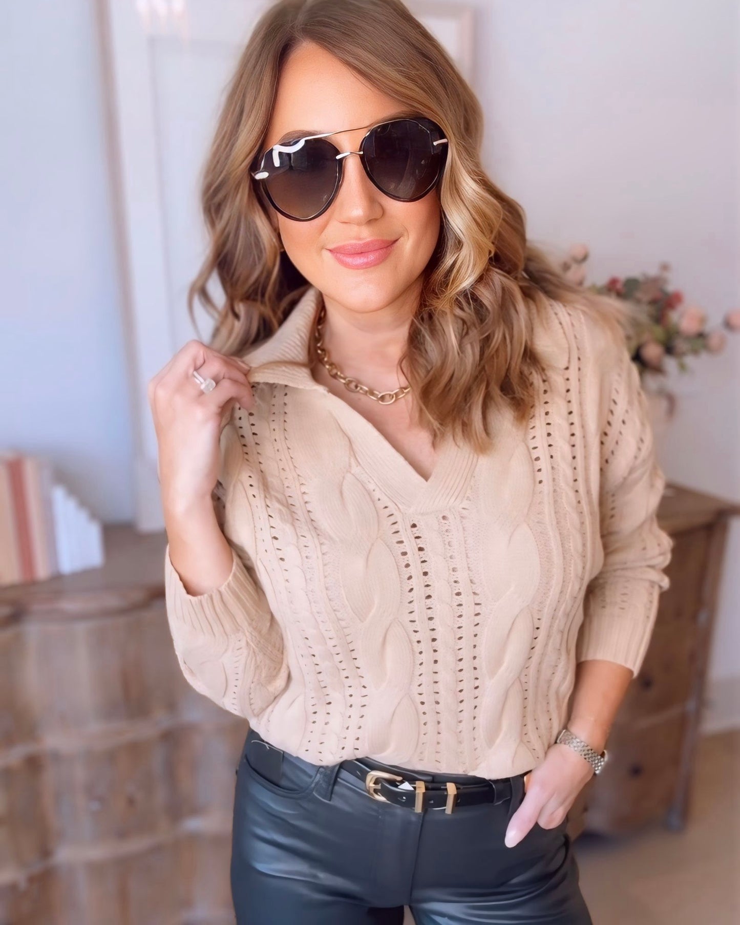 Letters From Autumn Cable Knit V-Neck Sweater