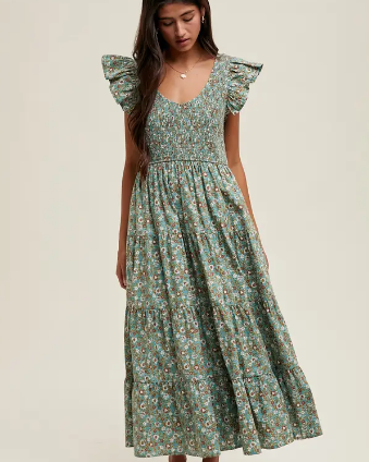 Violet Floral Smocked Midi Dress