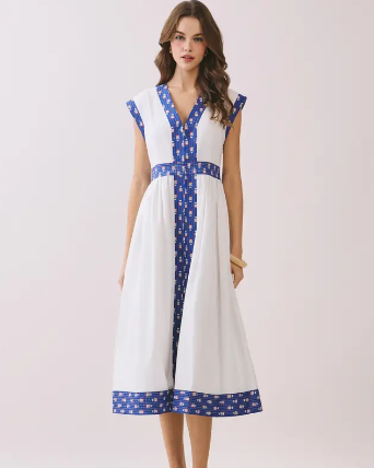 Alyssa Trim Detail V-Neck Midi Dress